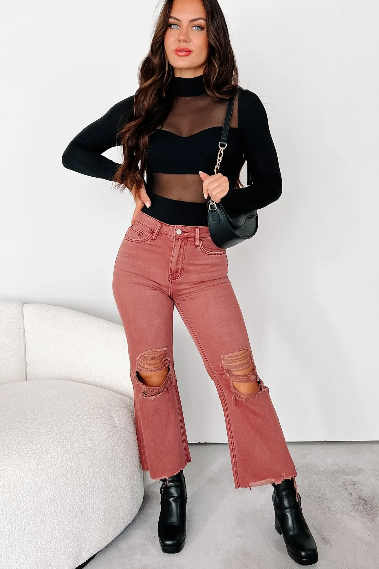 QuickRelease Closures Doyle High Rise 90s Vintage Vervet Crop Flare Jeans (Russet)