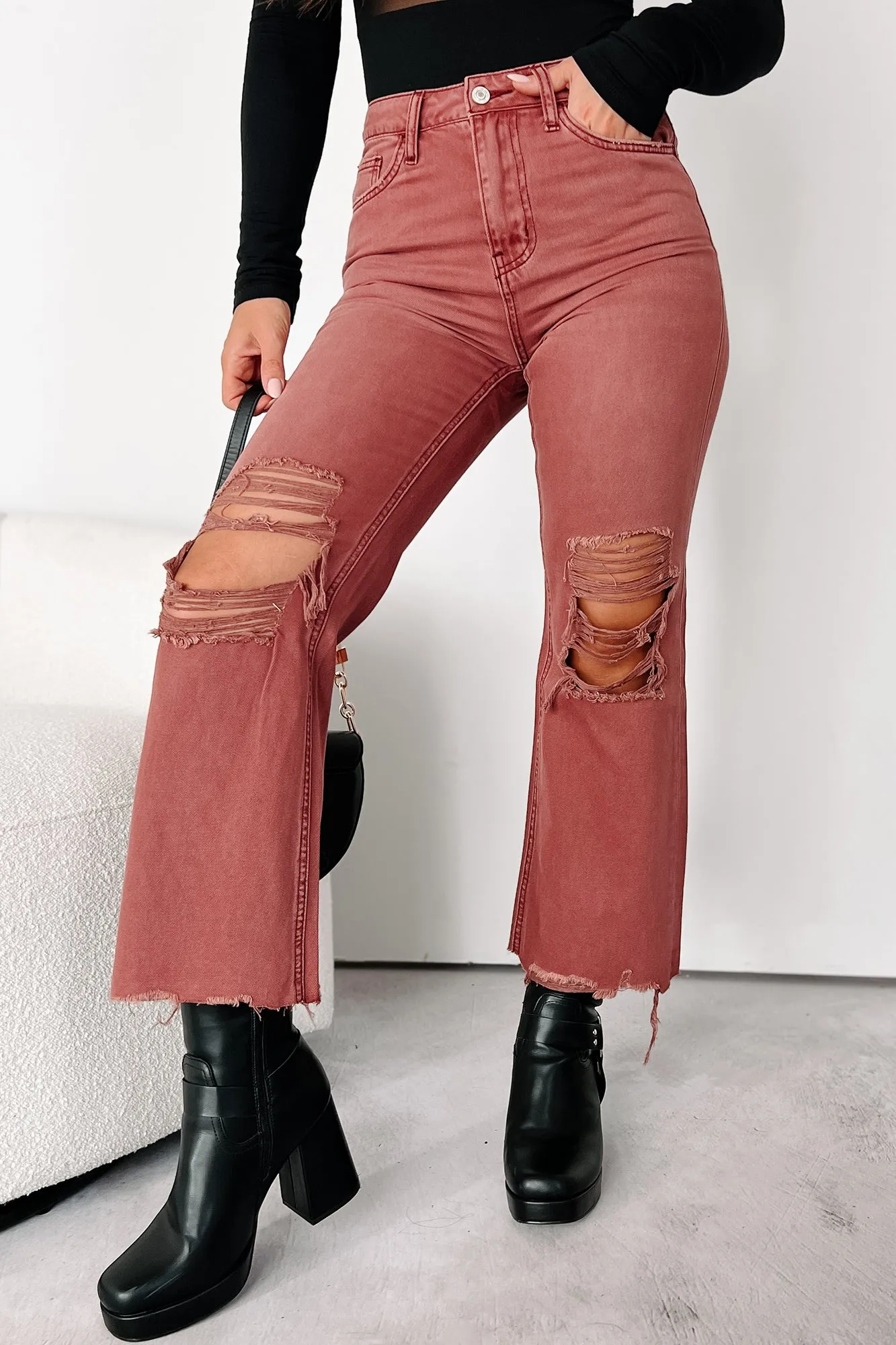 NonChafing Fabric Contoured Armhole Design Doyle High Rise 90s Vintage Vervet Crop Flare Jeans (Russet)