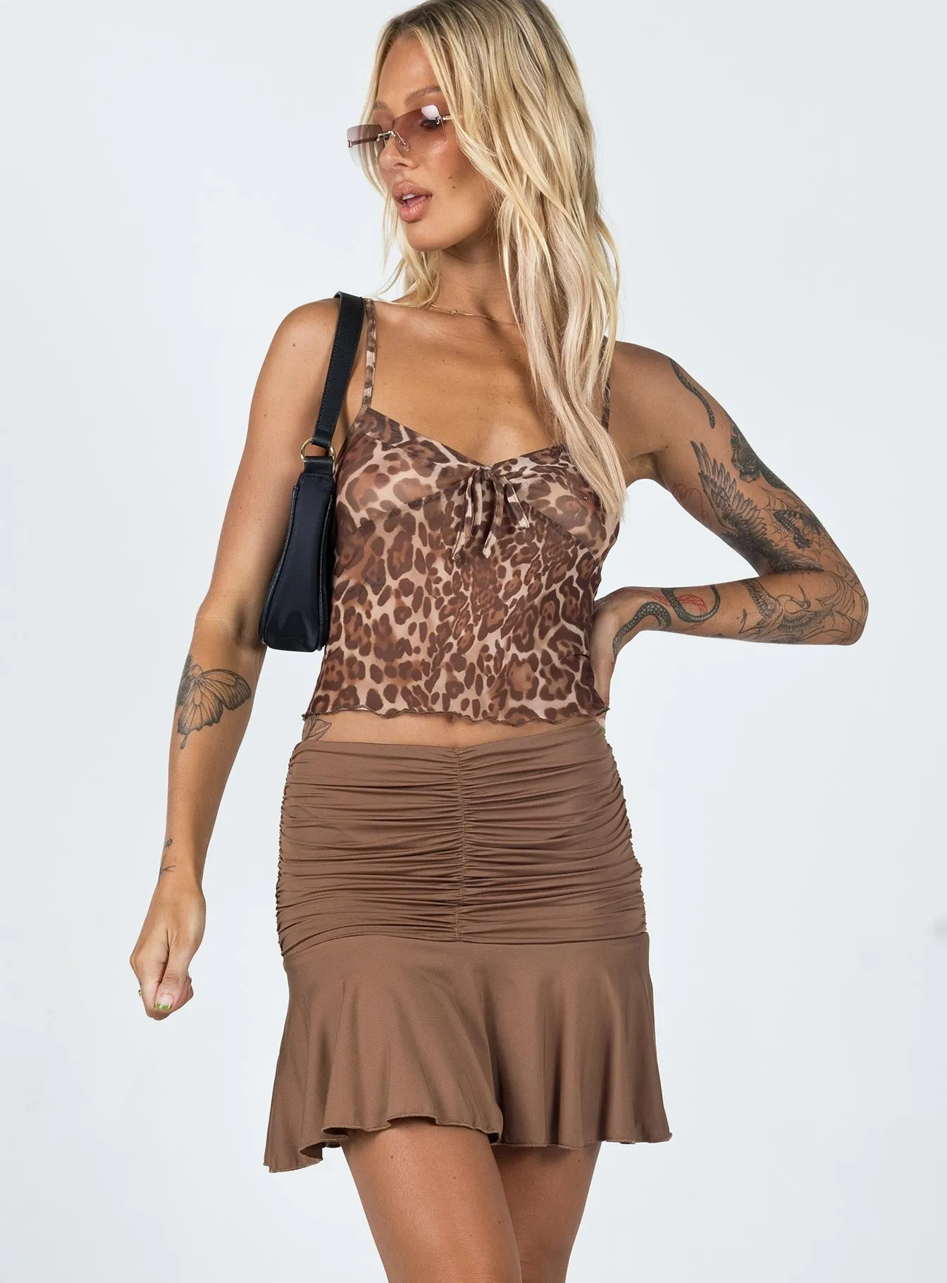 Crisscross Back Elastic hemline Wilcox Mini Skirt Brown