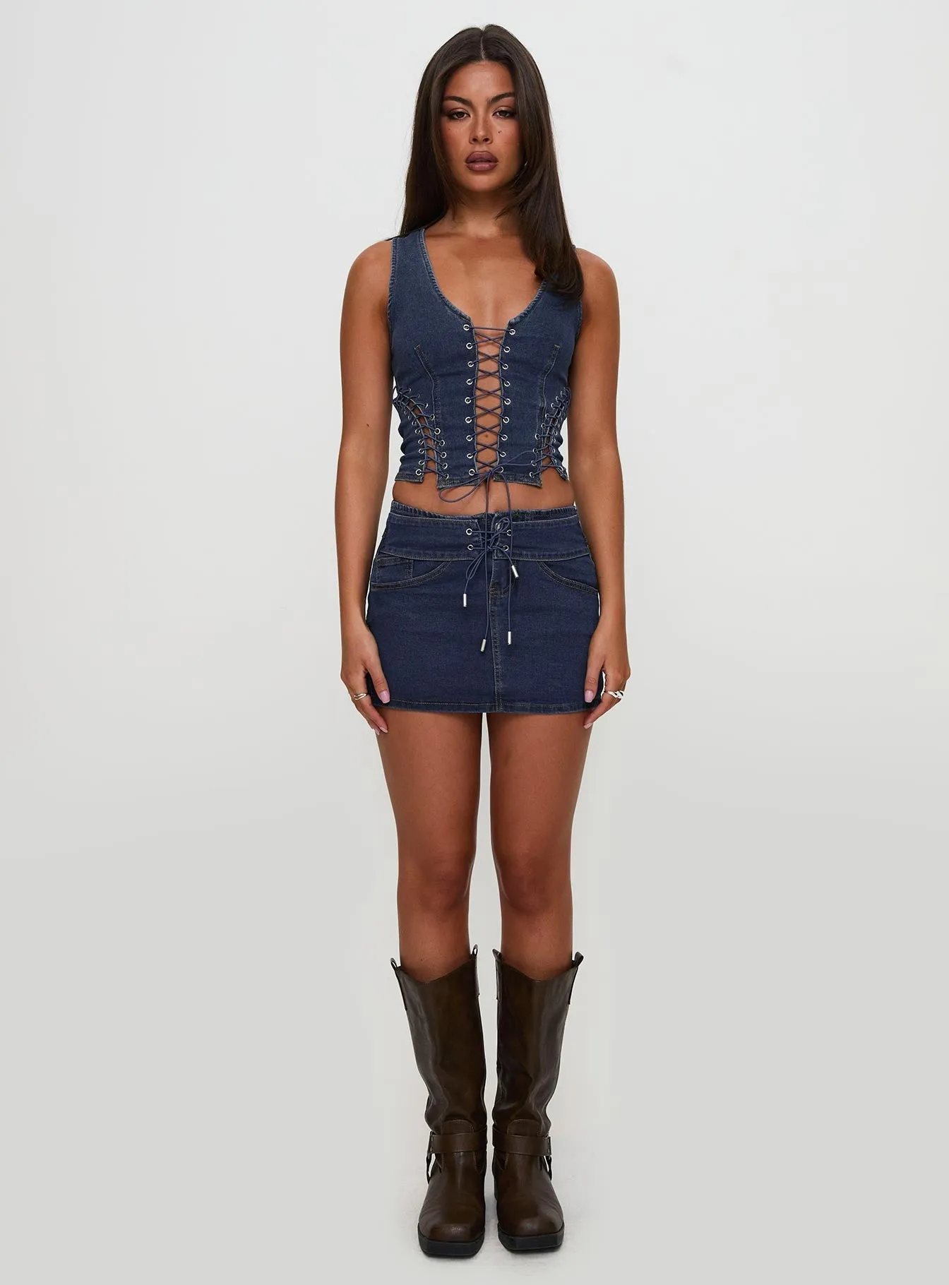 Popular Low Rise Mini Skirt Mid Blue Wash beaded embellishment Detail Focus
