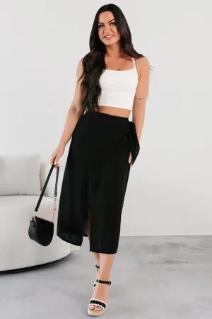 Sunlit Paths Woven Wrap Tie Skirt (Black) Outfit Essence
