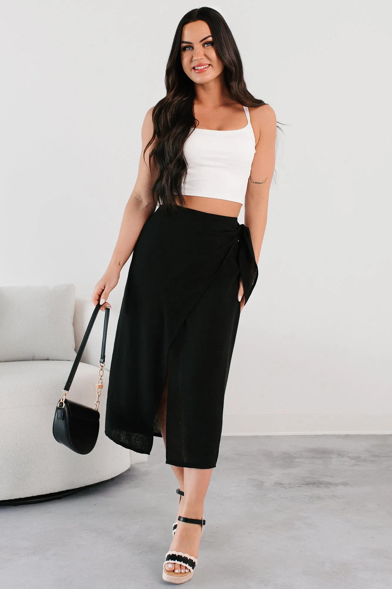 Water Repellent Finish Friction Free Sunlit Paths Woven Wrap Tie Skirt (Black)