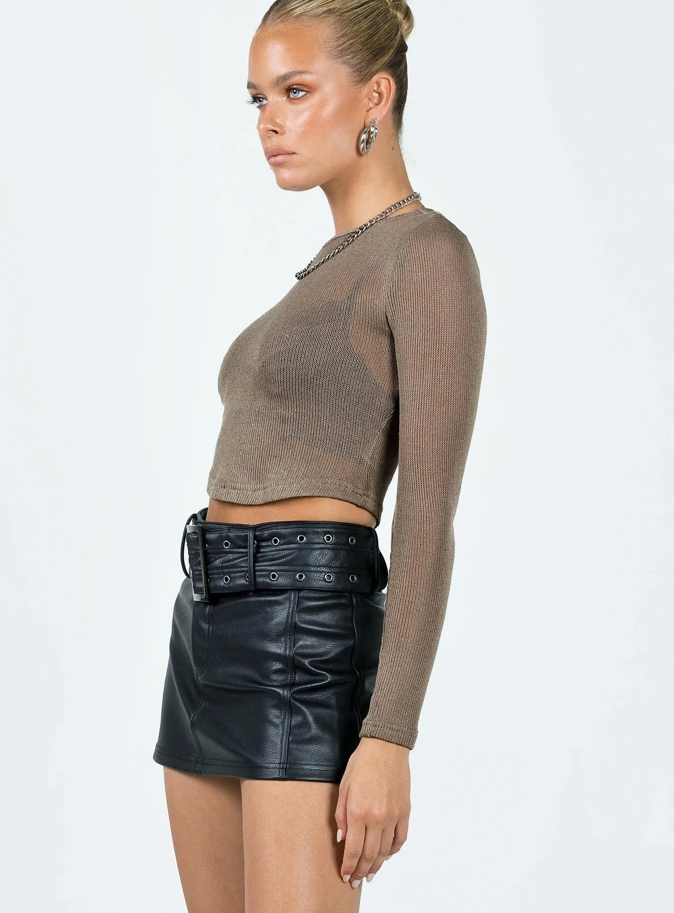 Torridon Eyelet Belt Faux Leather Mini Skirt Black Hidden Zipper Graceful Look