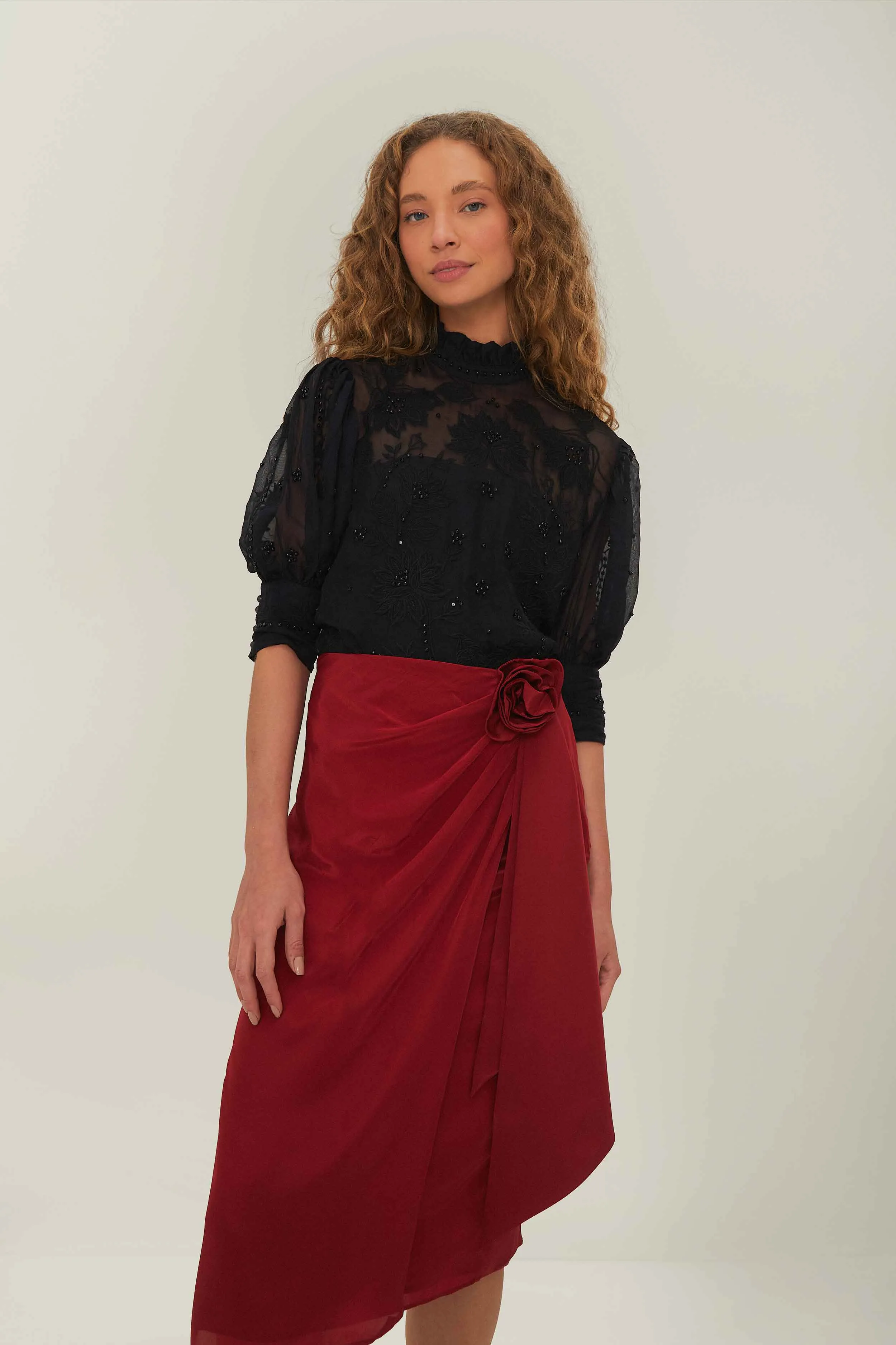 Red Midi Skirt Gather Details Neat Look