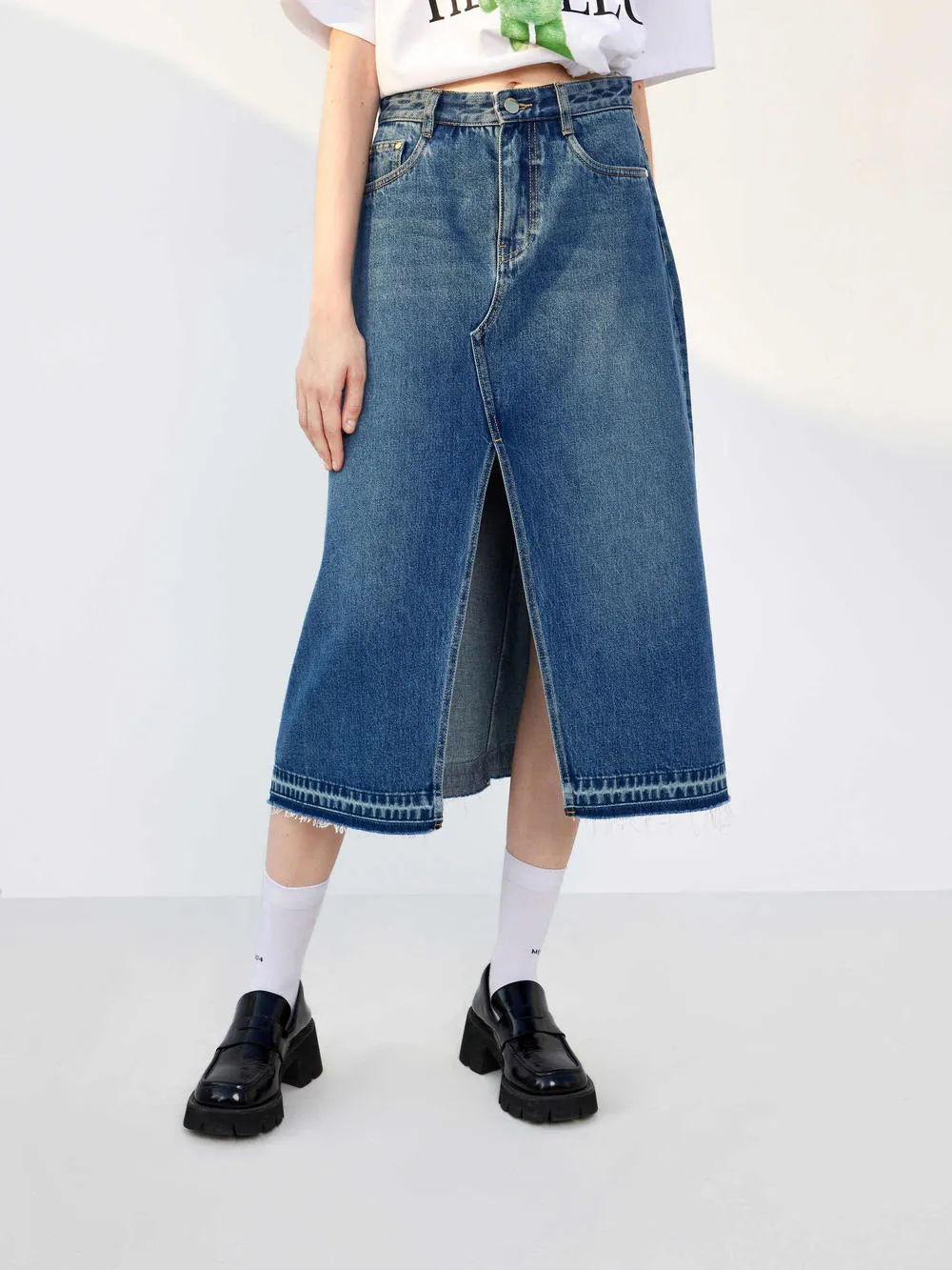 Slit Front Midi Denim Skirt Office Appropriate Thermoregulating Fabric