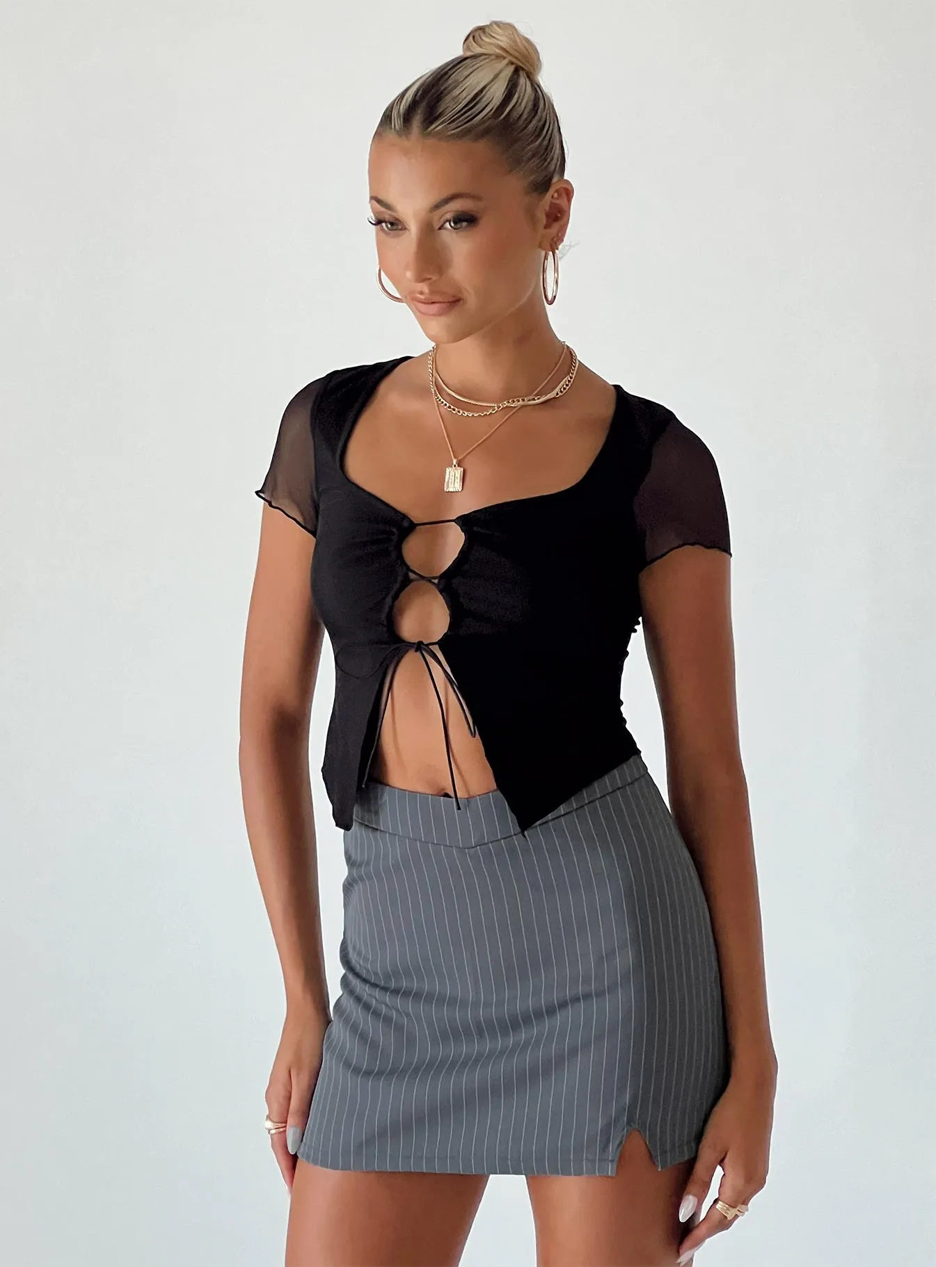 Jarden Mini Skirt Grey Pinstripe Waist Defining Pleated design