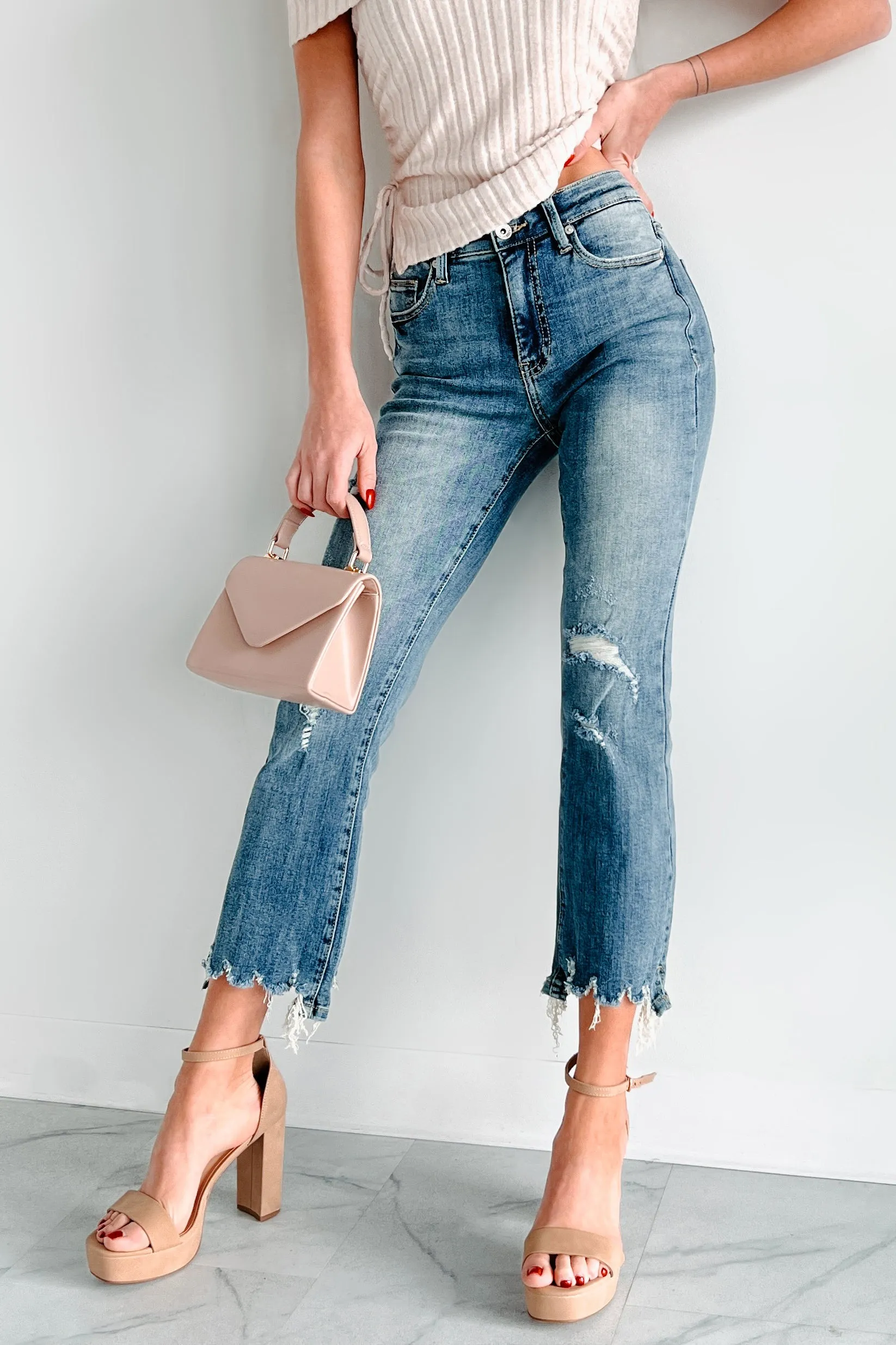 Jonah Mid Rise Distressed Special A Kick Flare Jeans (Dark) Grid Back Panel AdjustableHemCuffs