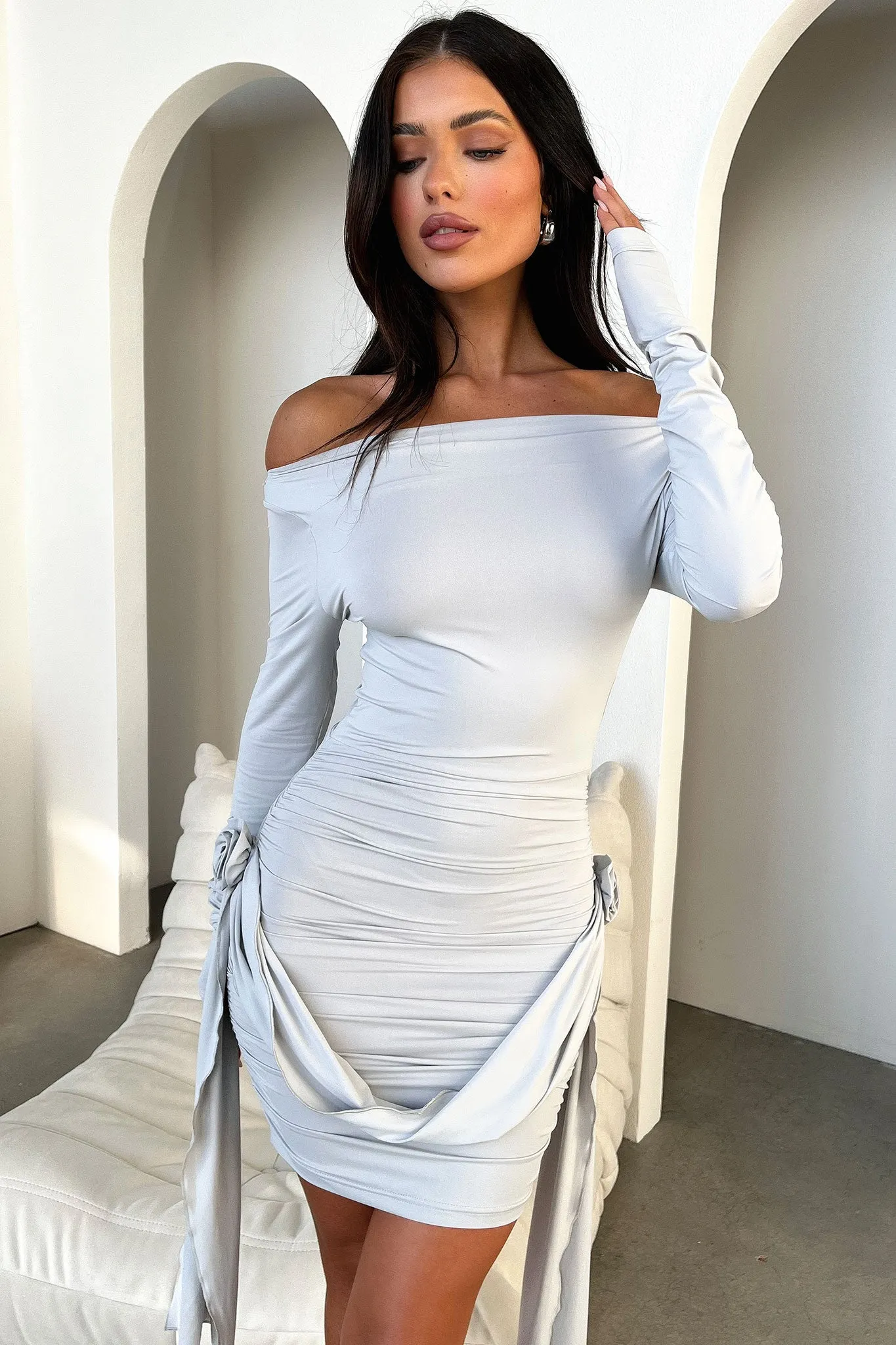 Lioness Glory Mini Dress - Grey Easy Care Fabric Magnetic Button Closure