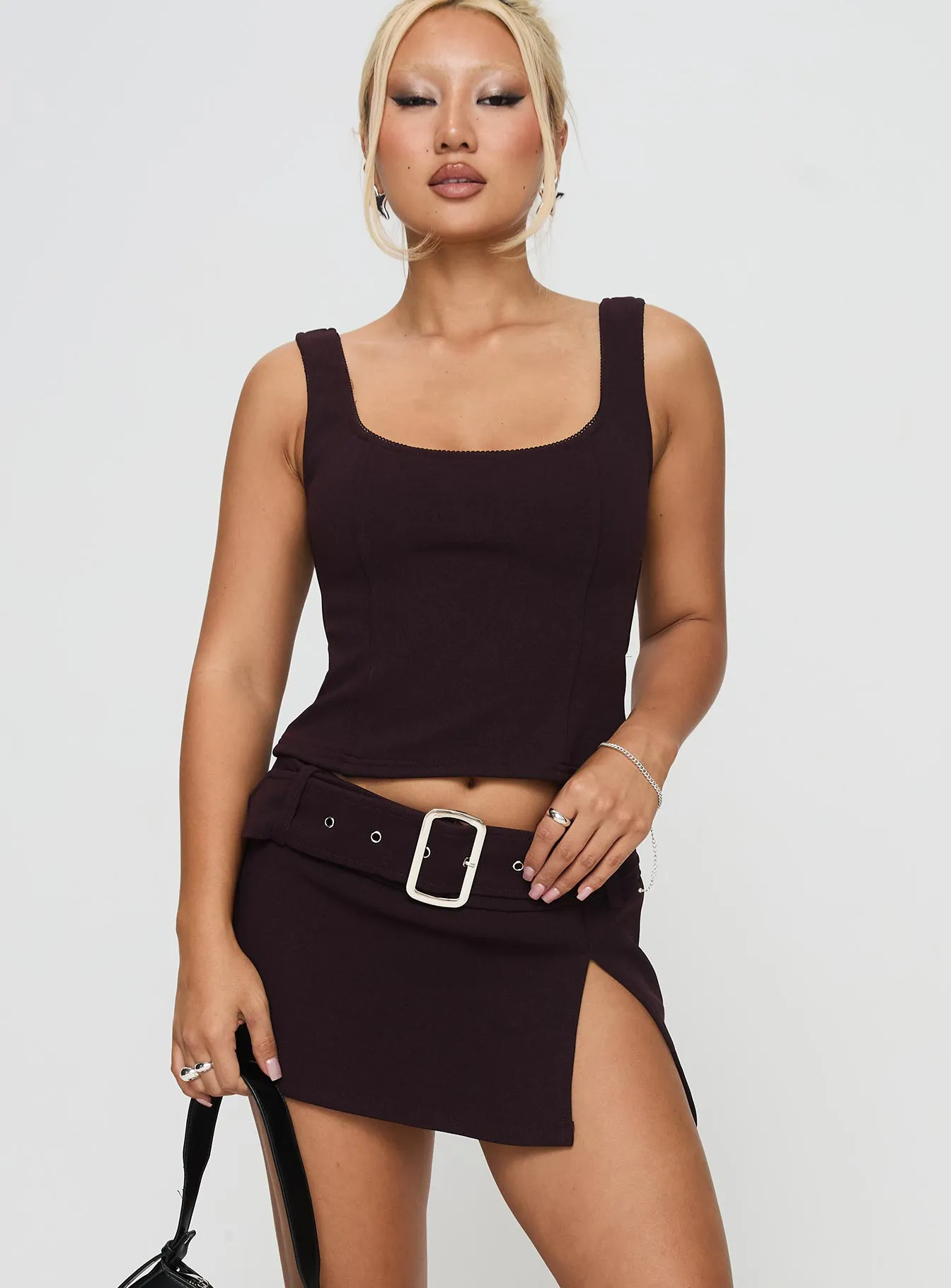 Genessa Belted Micro Mini Skirt Wine Wedding guest