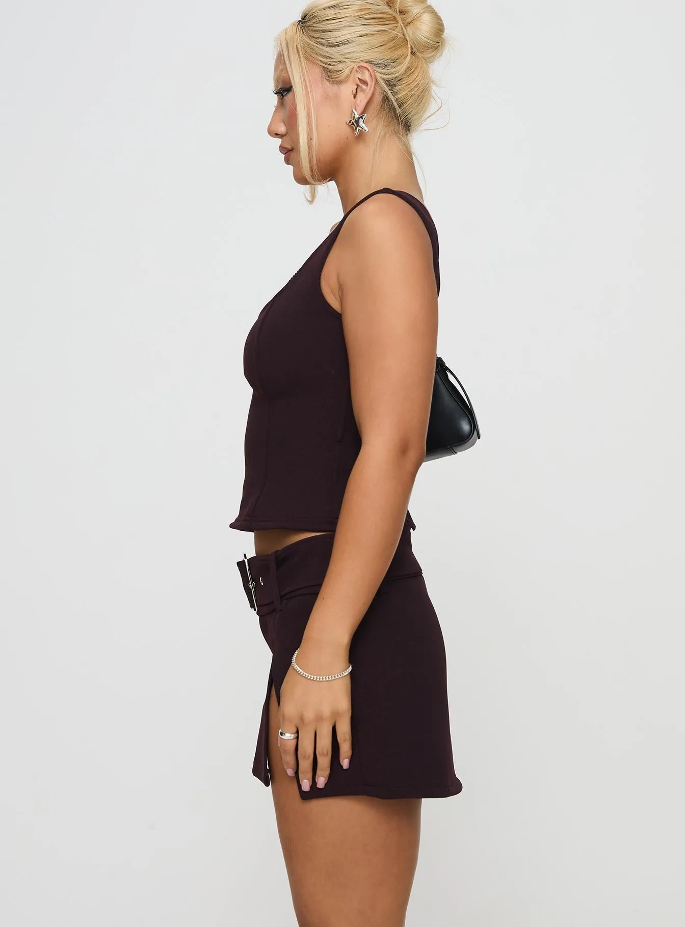 Genessa Belted Micro Mini Skirt Wine Shirred Back