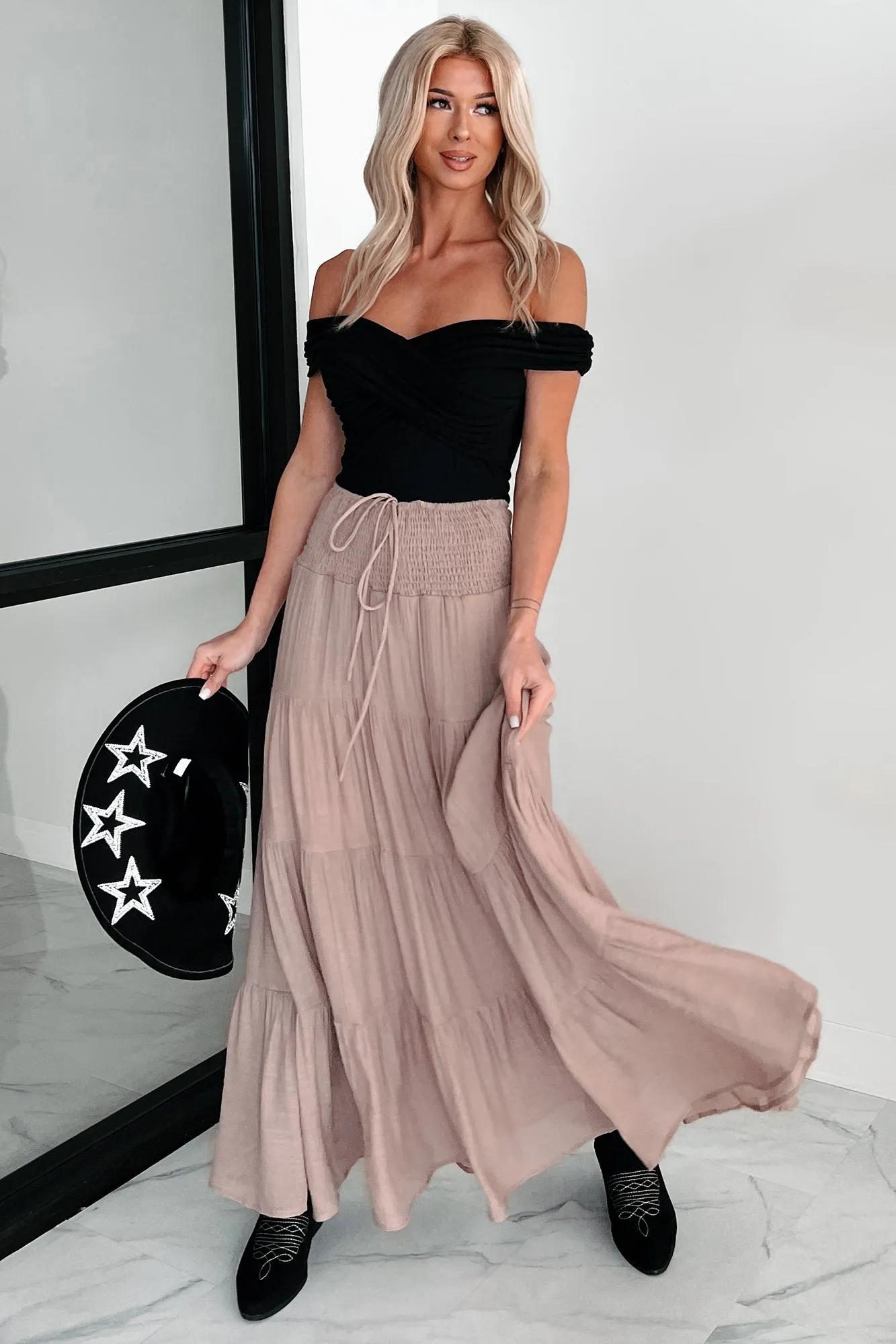 Simply Content Tiered Maxi Skirt (Taupe) Shirred Back