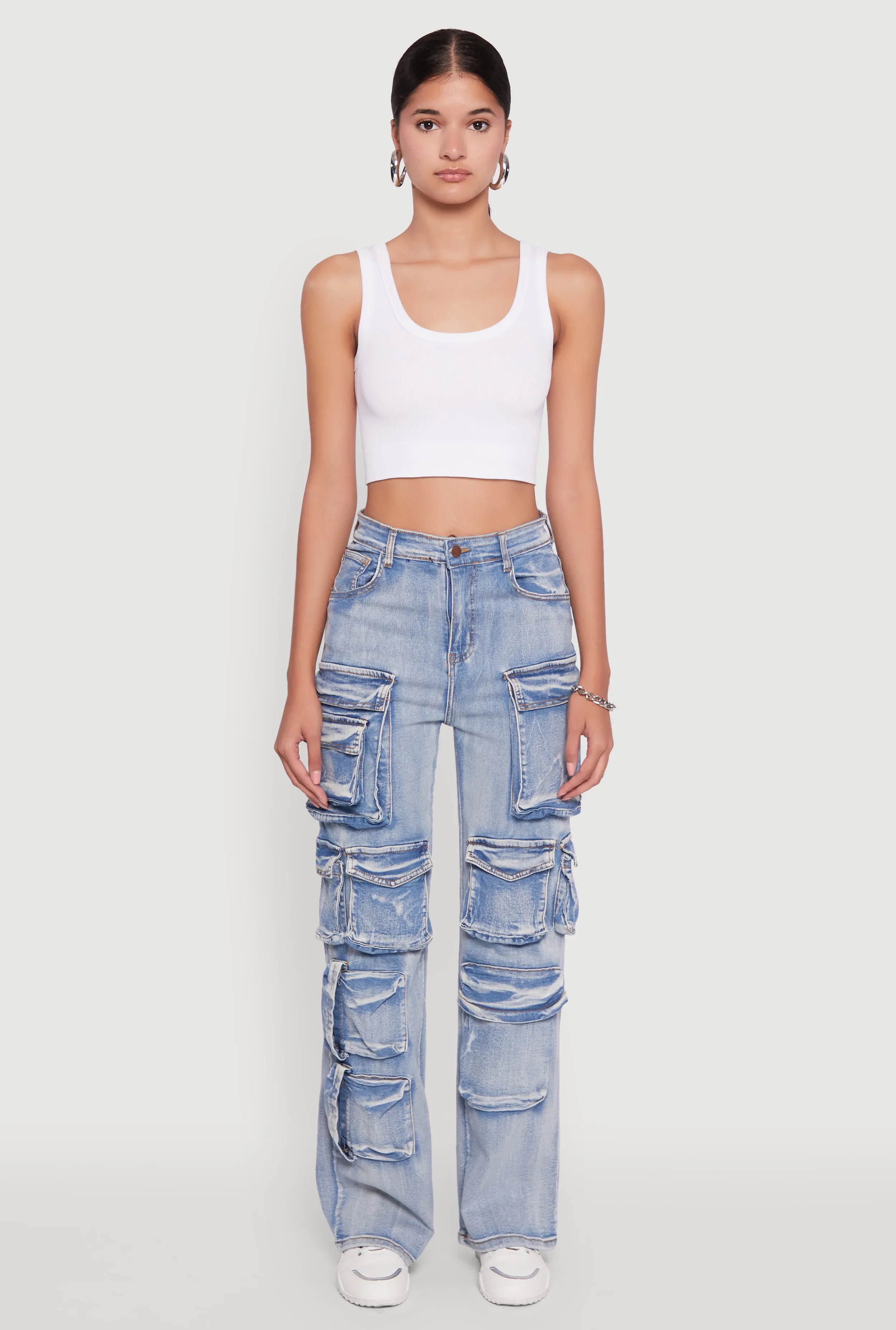 Mineral Wash High Waisted Straight Leg Utility Jeans Travel Essential