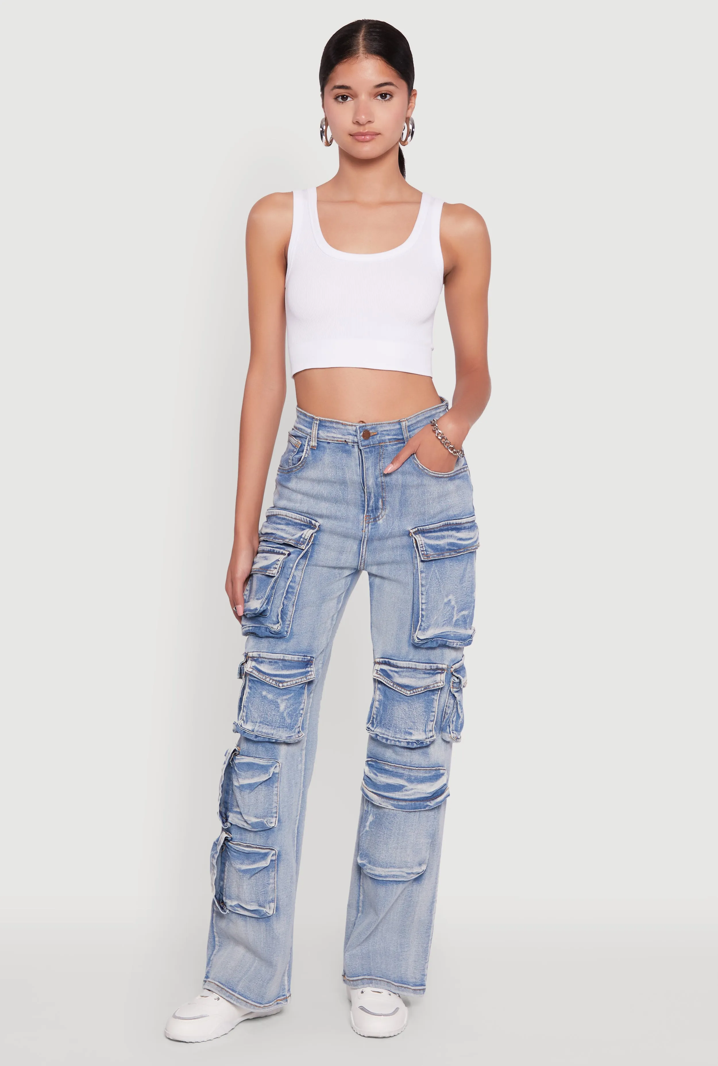 Mineral Wash High Waisted Straight Leg Utility Jeans Stretch Minimalist