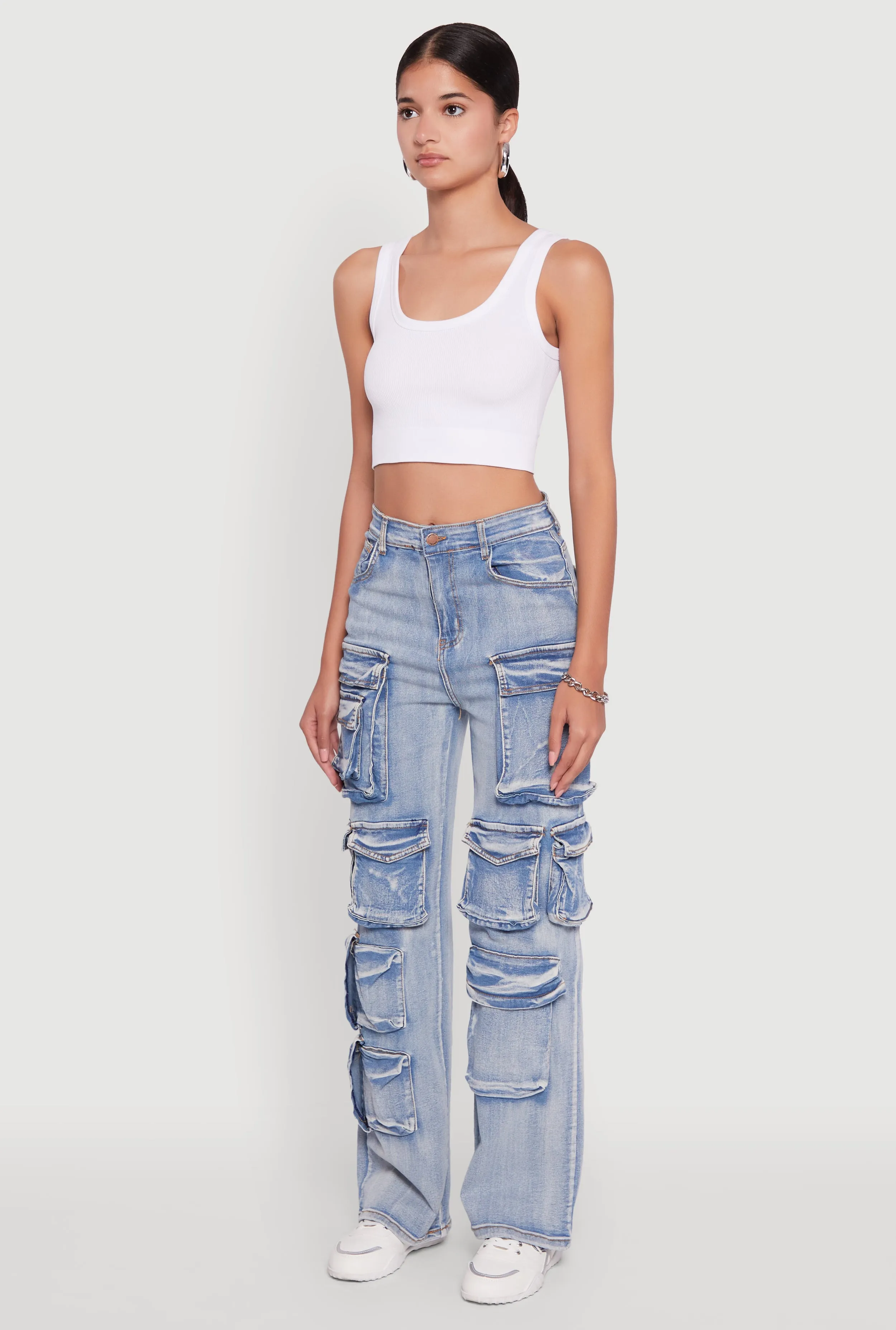 Mineral Wash High Waisted Straight Leg Utility Jeans Low Maintenance Denim