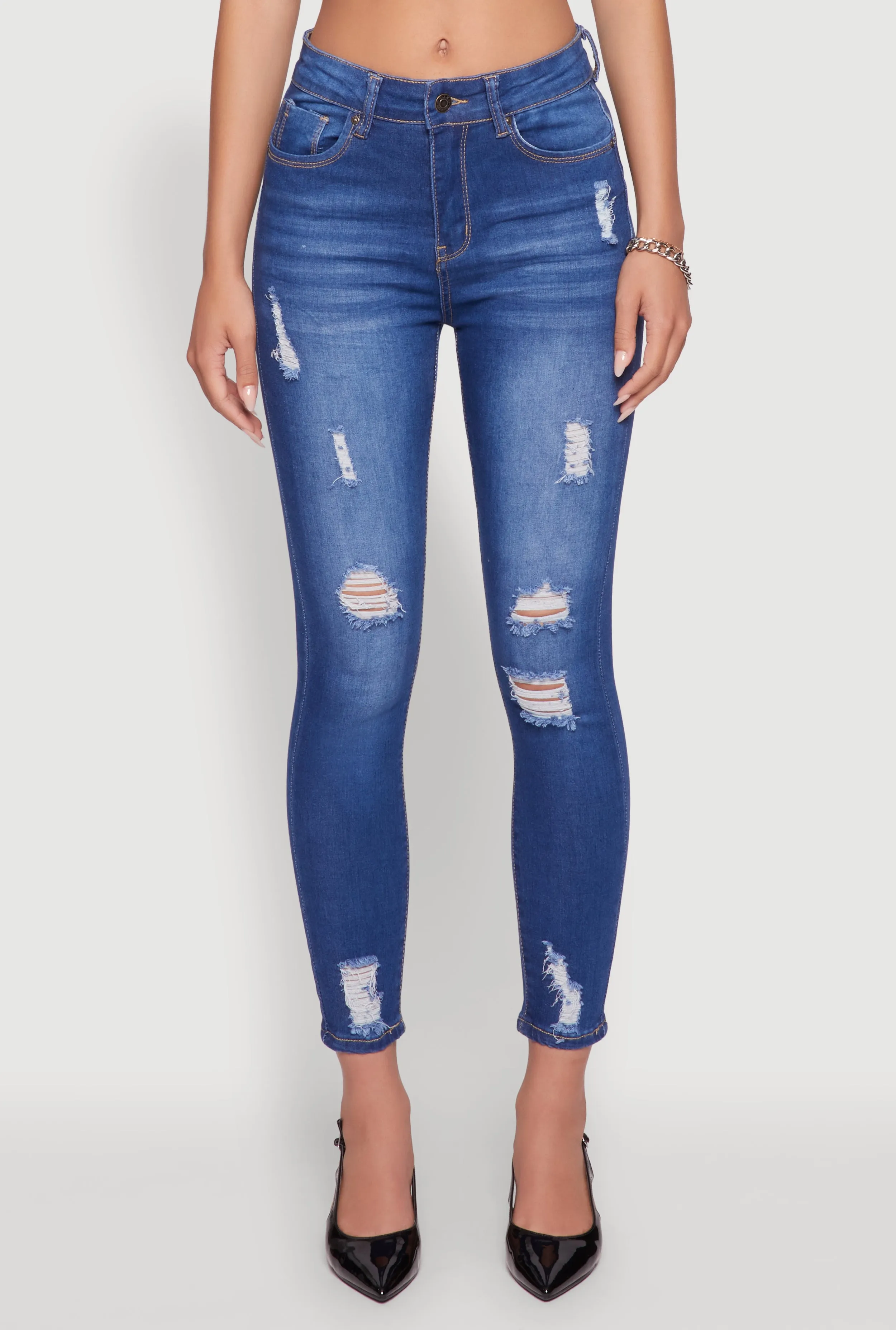 Modern Youth Style Party Look WAX Distressed Frayed Skinny Jeans