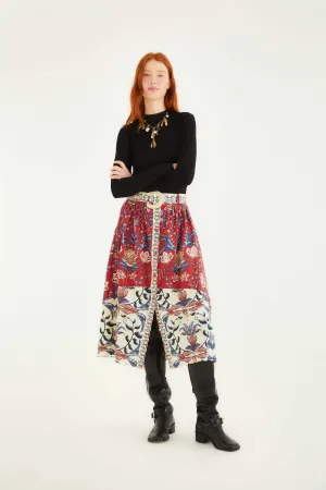 Red Winter Breeze Buttoned Belted Organic Cotton Midi Skirt Comfort Innovation Office Appropriate
