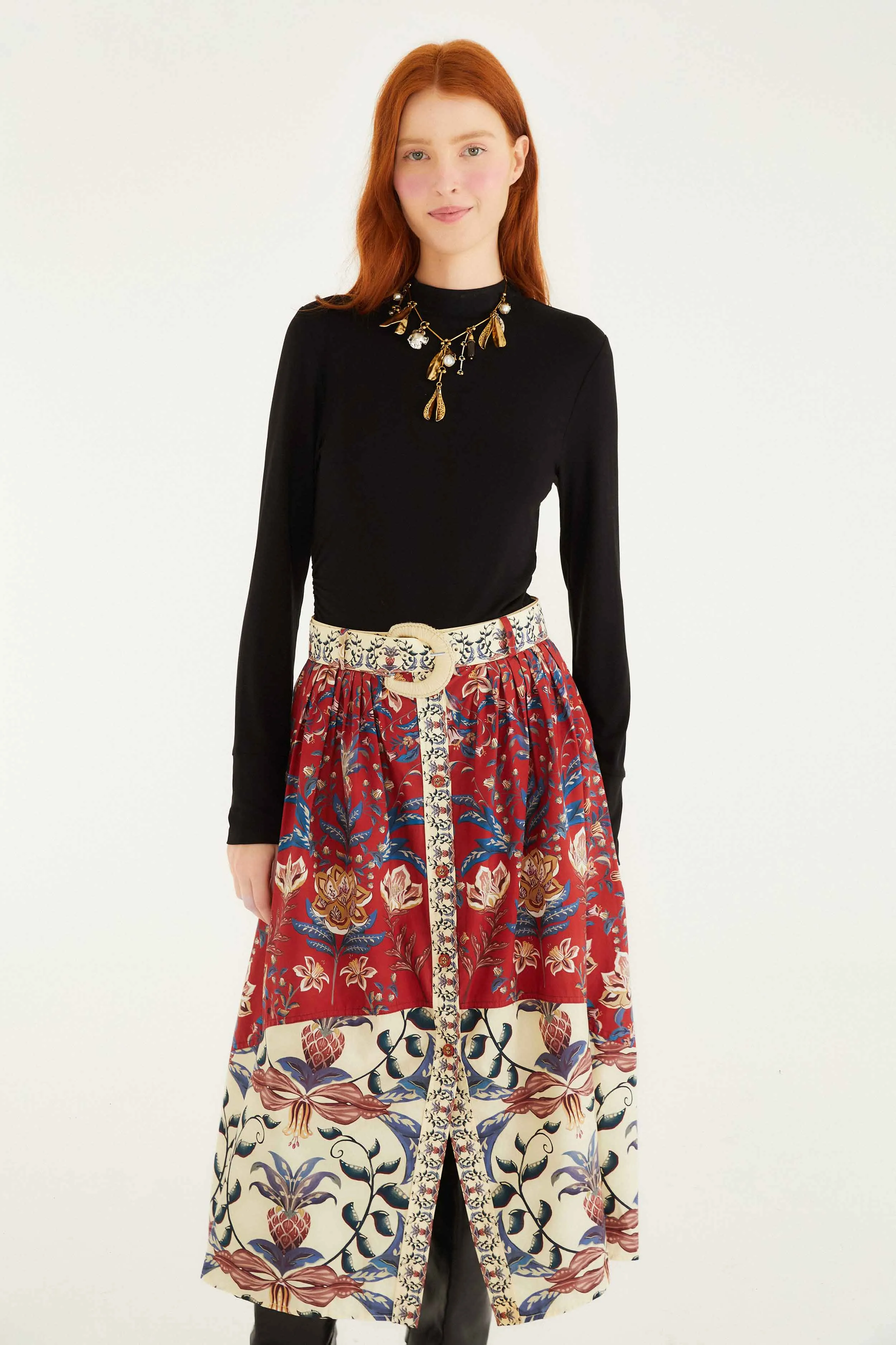 Timeless Touch No Ride Up Red Winter Breeze Buttoned Belted Organic Cotton Midi Skirt