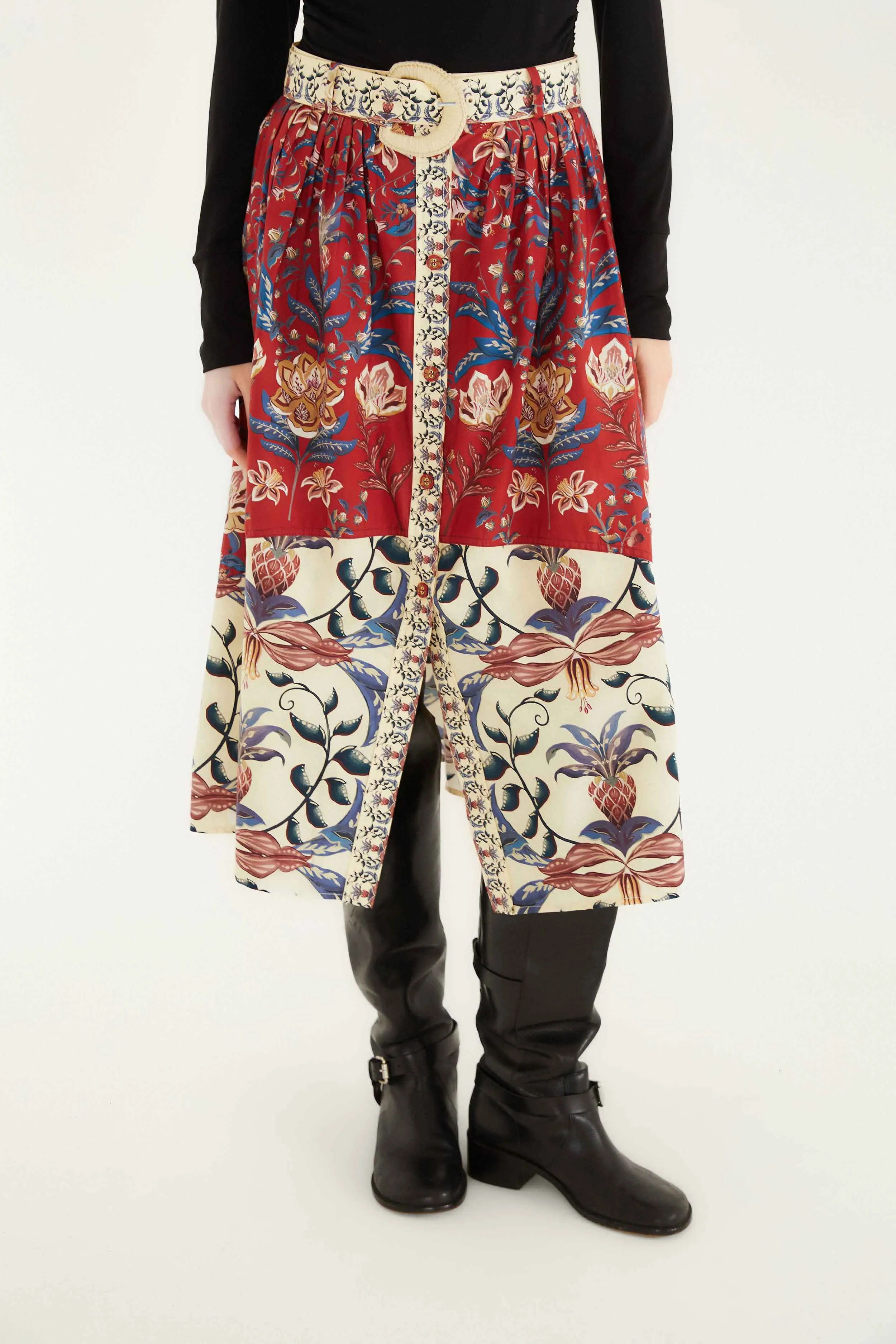 Runway Ready Red Winter Breeze Buttoned Belted Organic Cotton Midi Skirt