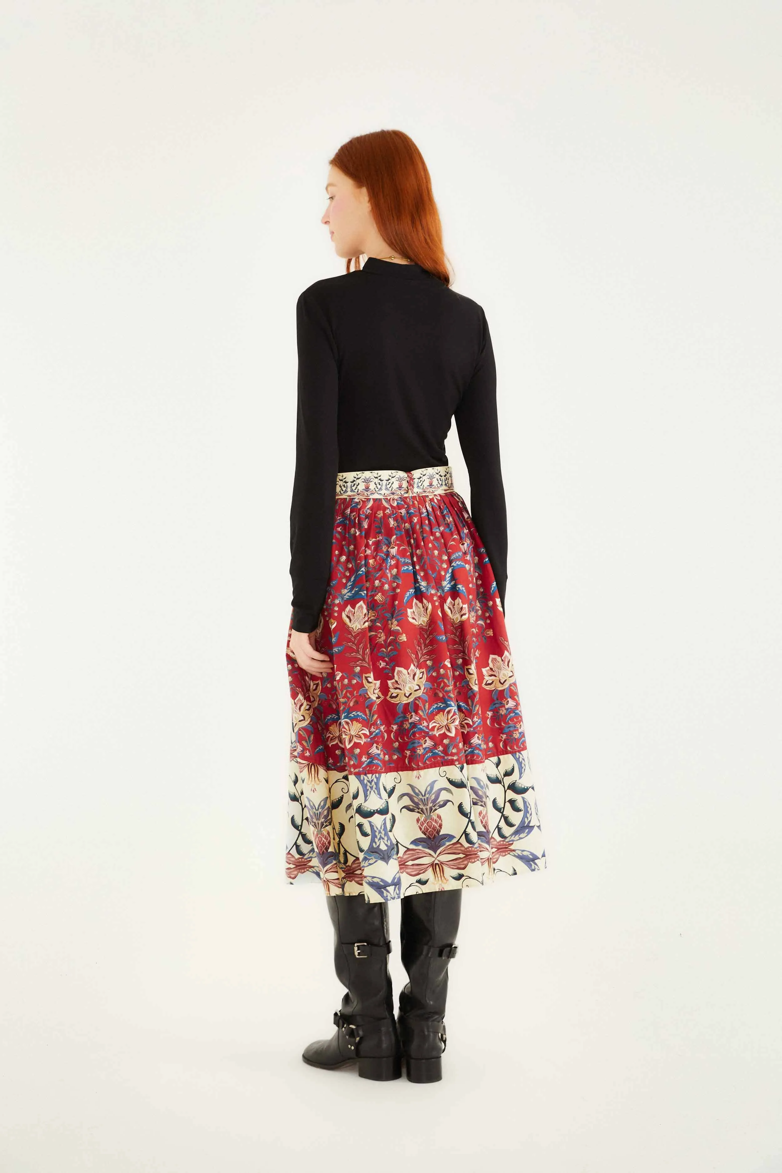 Red Winter Breeze Buttoned Belted Organic Cotton Midi Skirt Style Preview