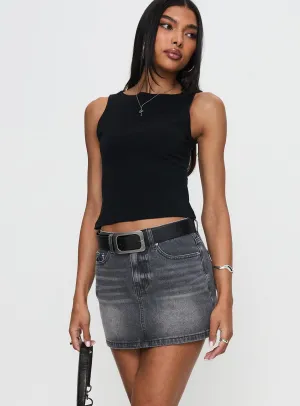 Feminine Charm Embroidered Detail Paulette Denim Mini Skirt Grey Wash