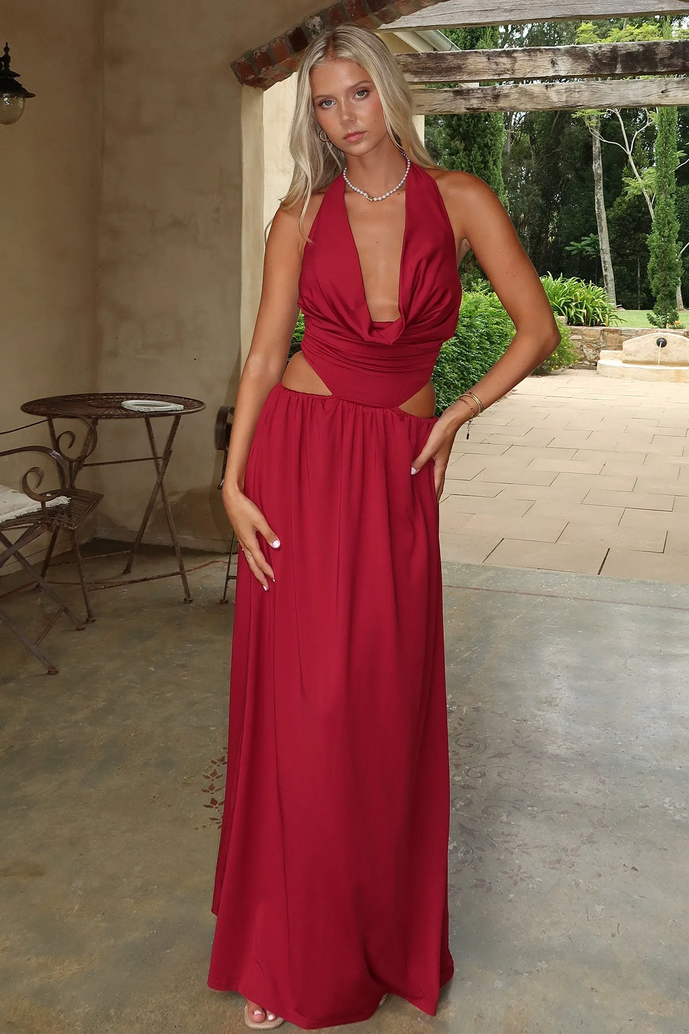 Sun Heat Soraya Plunge Halter Neck Maxi Dress - Burgundy
