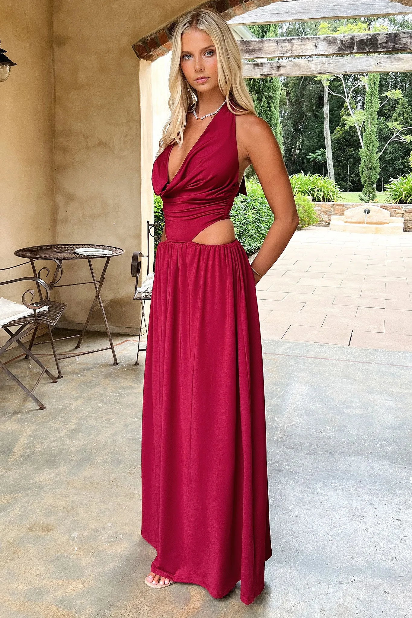 Sea Breeze This dress is a versatile option that can be styled in many different ways Soraya Plunge Halter Neck Maxi Dress - Burgundy