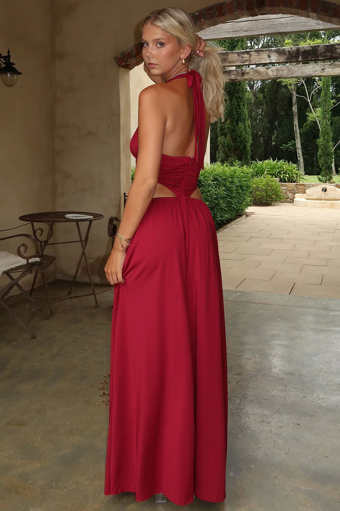 Soraya Plunge Halter Neck Maxi Dress - Burgundy Organza Air old town