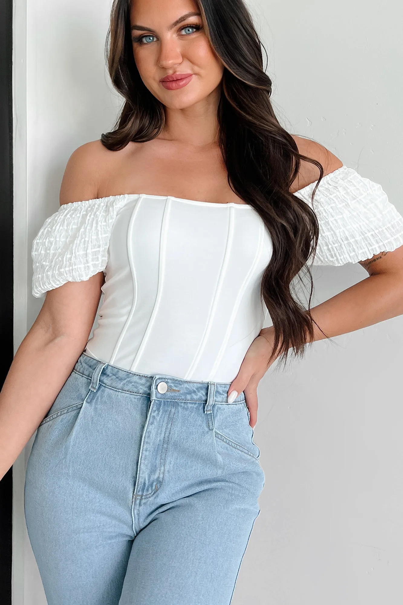 Letting You In Square Neck Corset Knit Bodysuit (Off White) Premium Lightweight