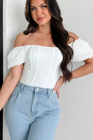 Party Night Bold Charming Letting You In Square Neck Corset Knit Bodysuit (Off White)