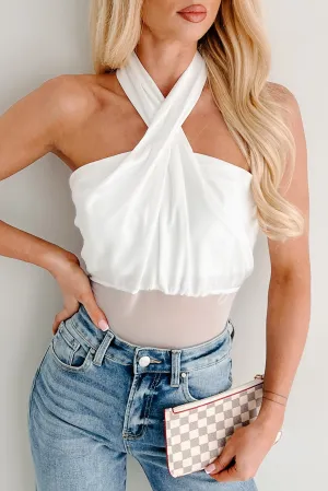 Durable Unique Sleek Simplicity Satin Mesh Halter Bodysuit (White)