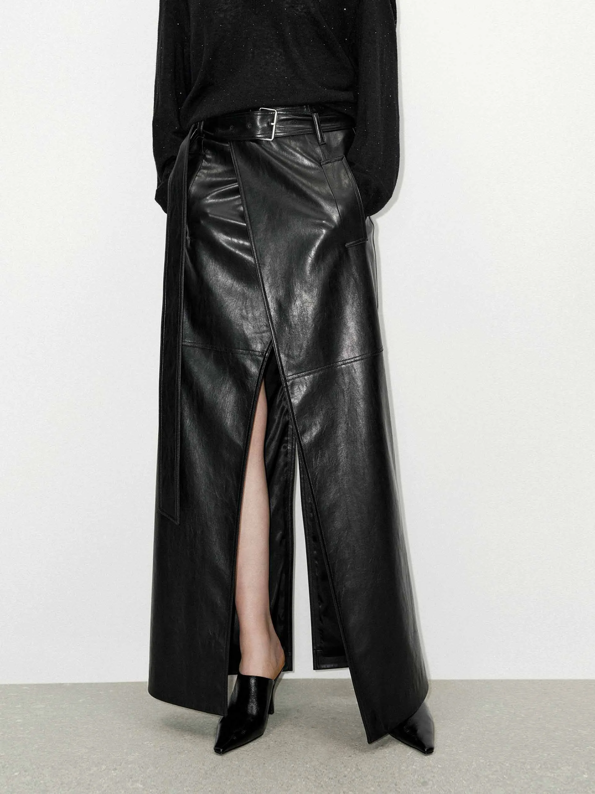 Maxi Slit Detail Leather Skirt Seasonal special Bold Details