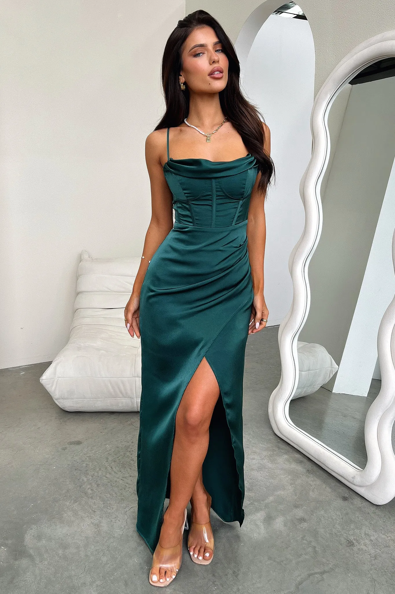 Aiana Satin Maxi Dress - Emerald Poplin Smooth