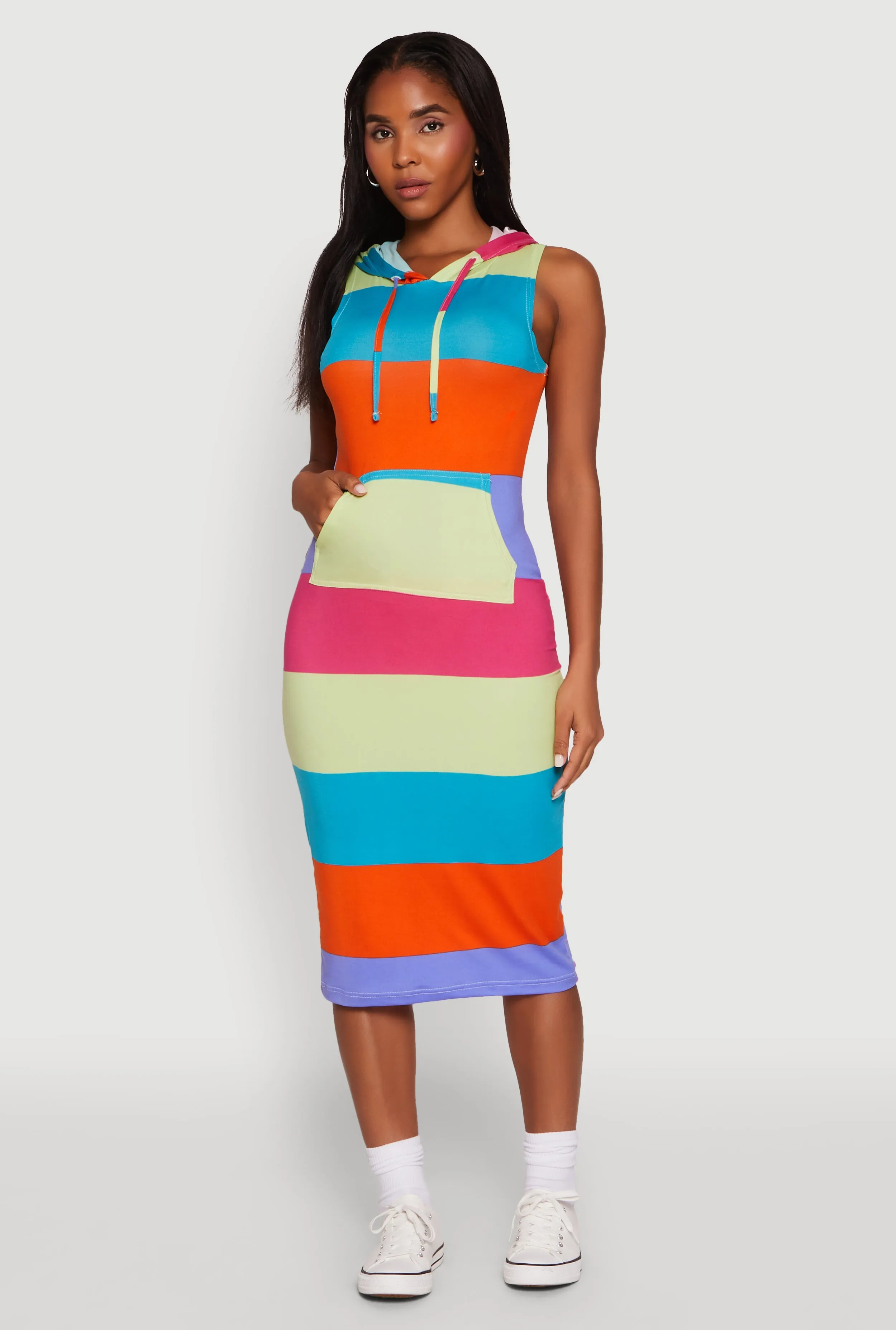Elegant Layers Color Block Stripe Hooded Tank Dress