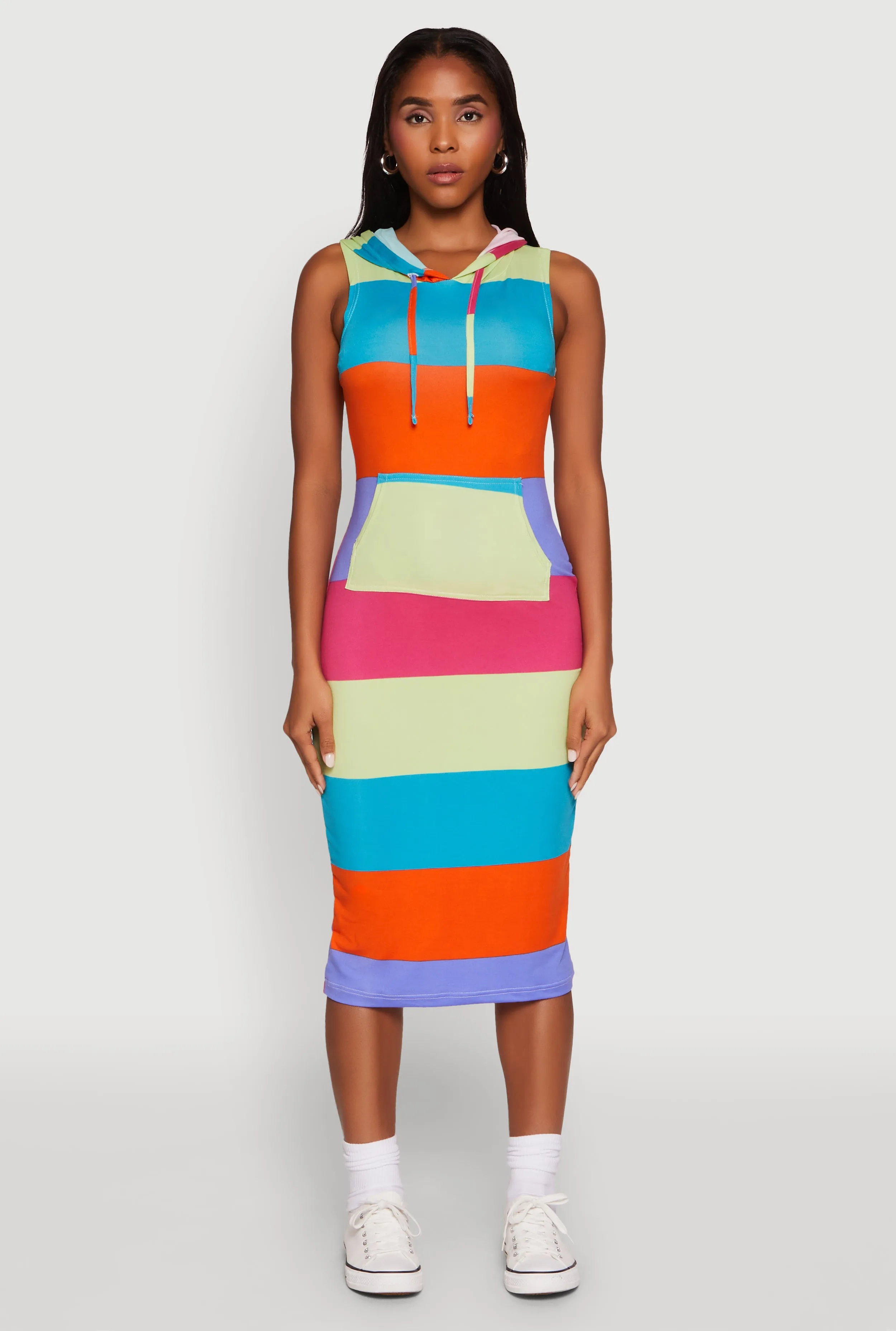 Color Block Stripe Hooded Tank Dress Flattering midi silhouette