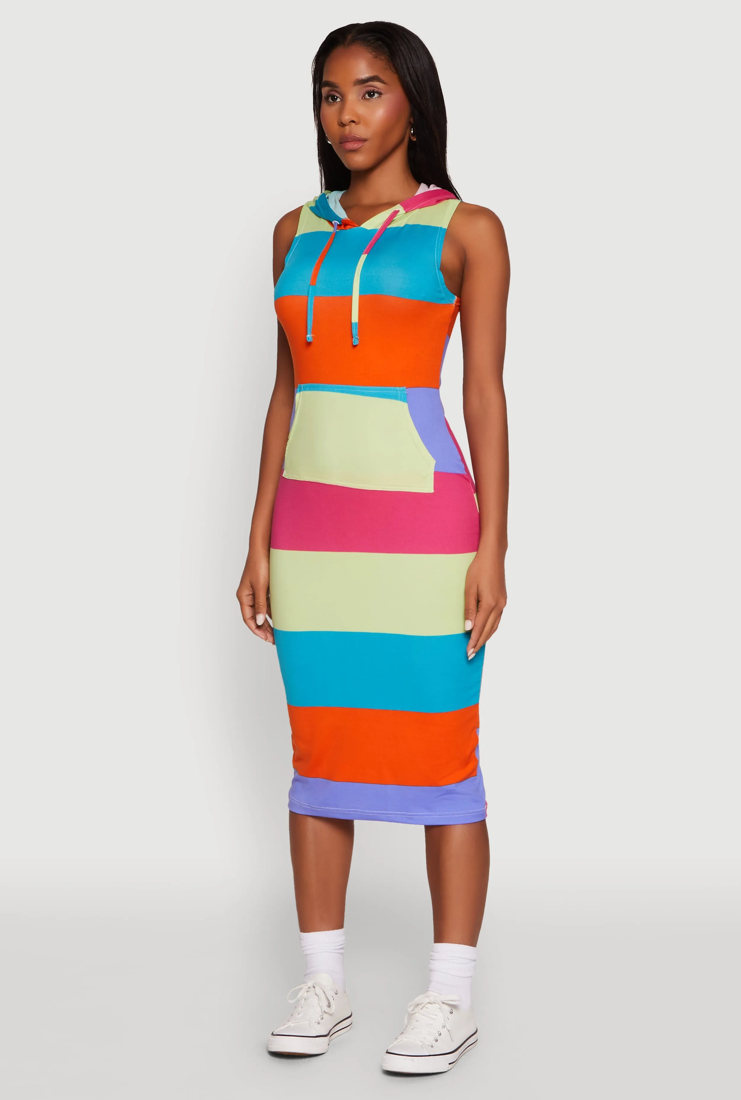 Color Block Stripe Hooded Tank Dress Style Versatile Forest trail