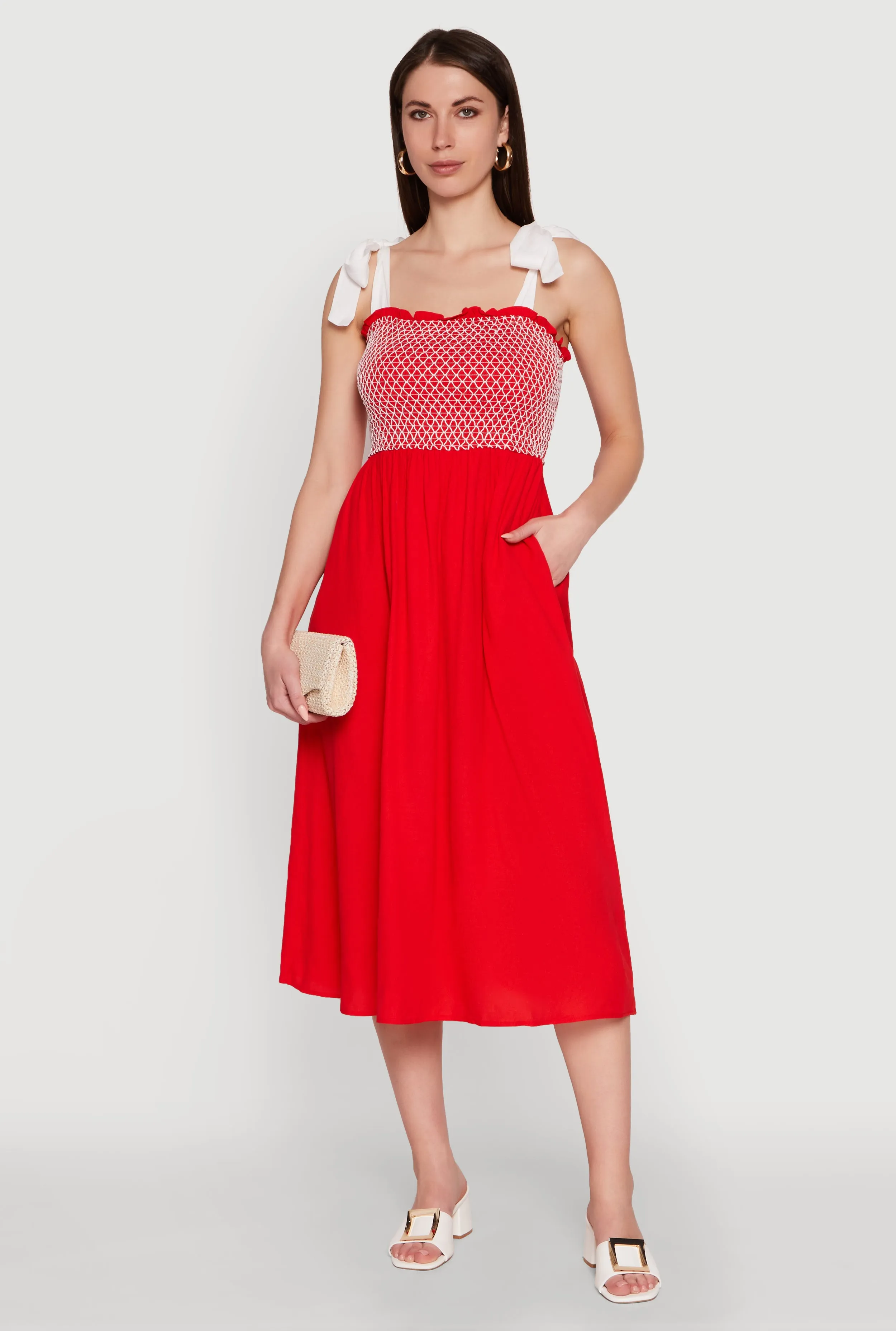 Tie Shoulder Fishnet Detail Midi Dress Valley Path Fresh Shore