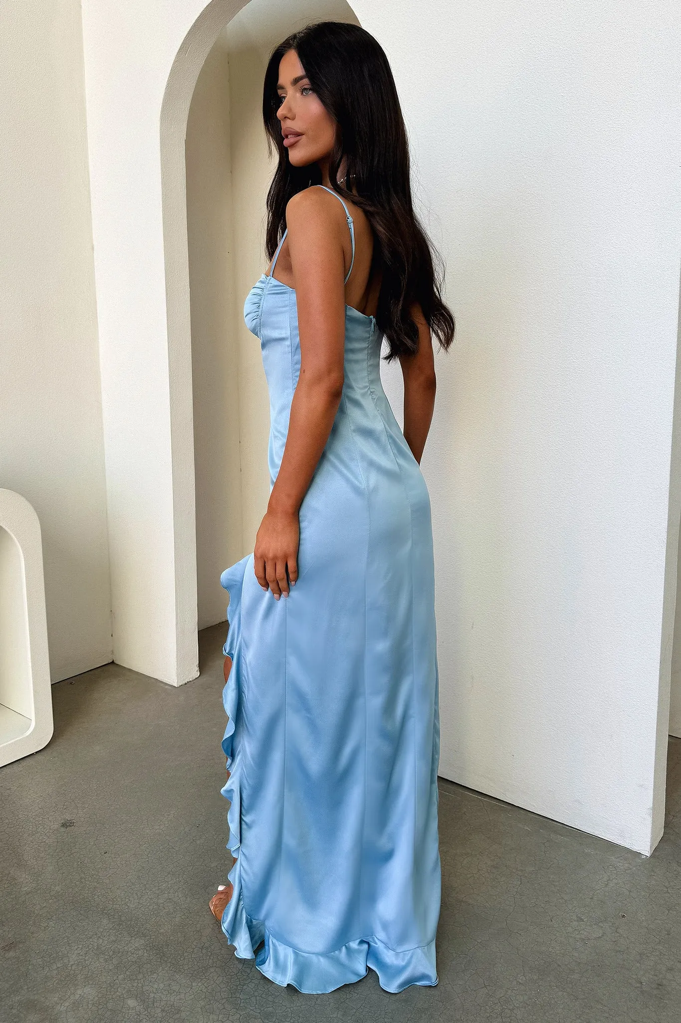 Window Glow Lauren Ruffle Trim Satin Maxi Dress - Blue