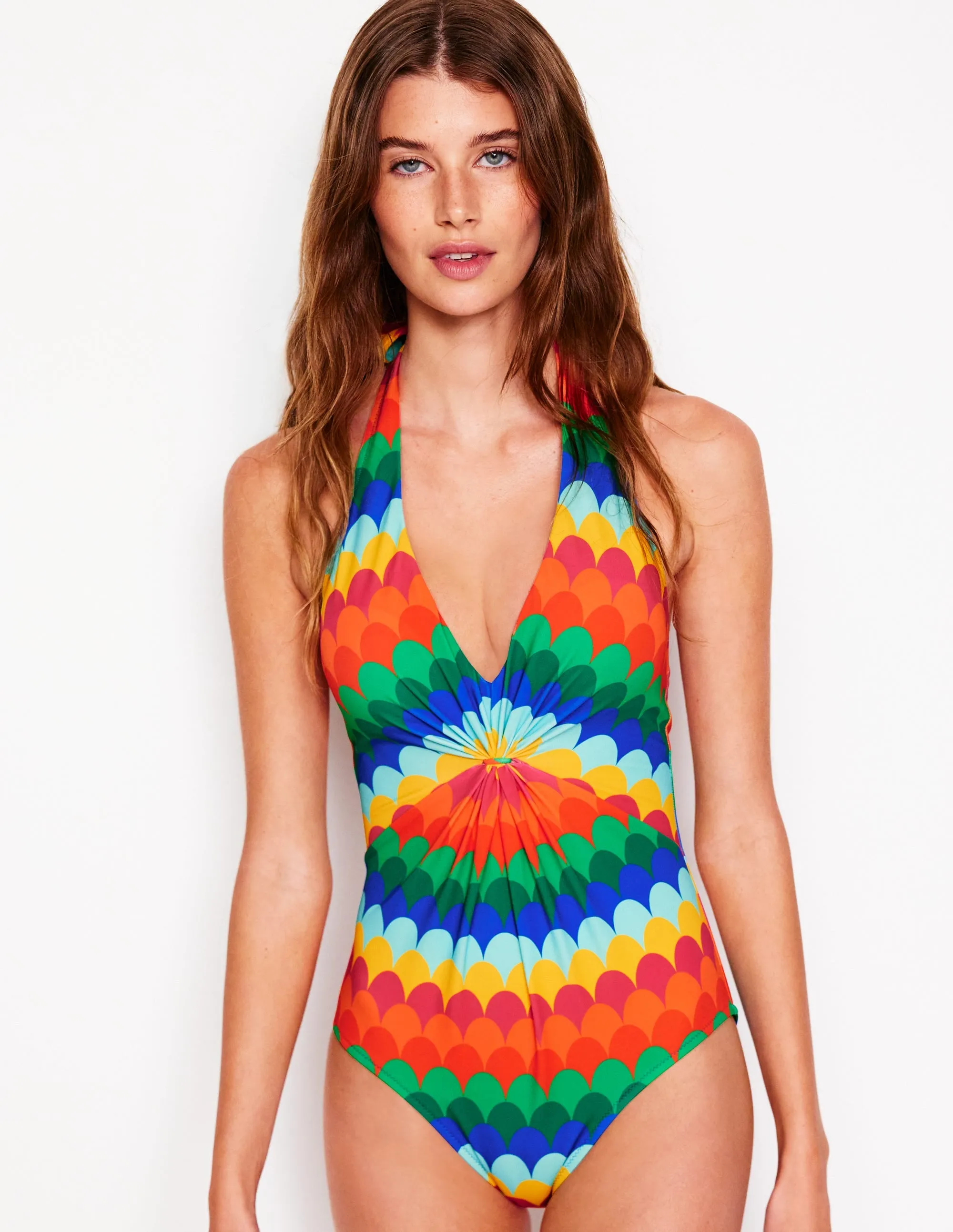 Ruched Loop Swimsuit-Multi, Scallop Stripe Office Mood Semi Formal