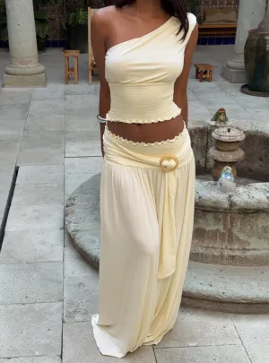 Full Orbit Shirred Maxi Skirt Cream Elegant Look Outfit Combo