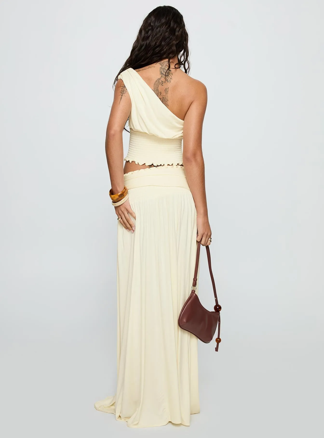 Full Orbit Shirred Maxi Skirt Cream Leg Elongating Contemporary Mood