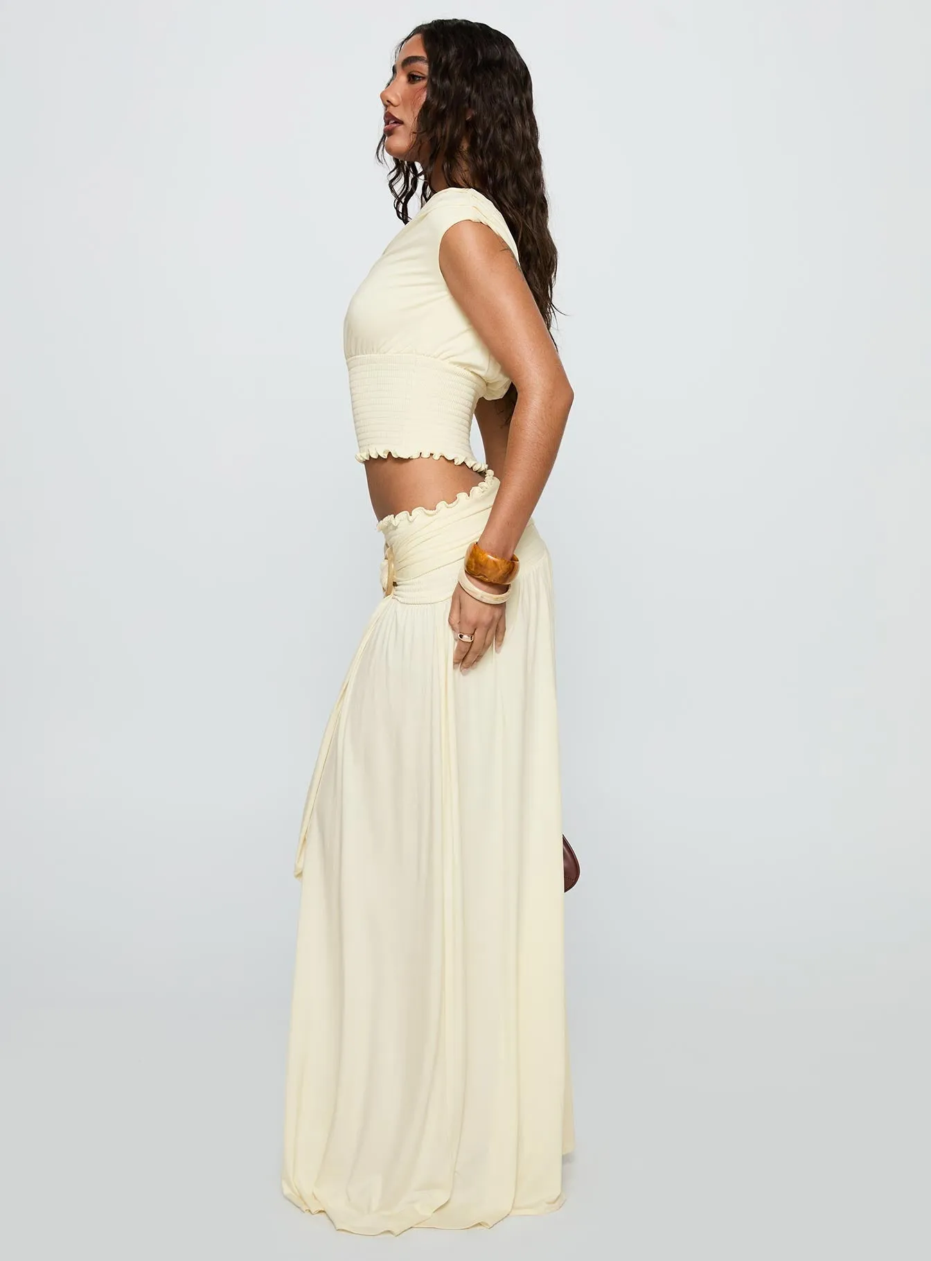 Full Orbit Shirred Maxi Skirt Cream Two Tone Trim