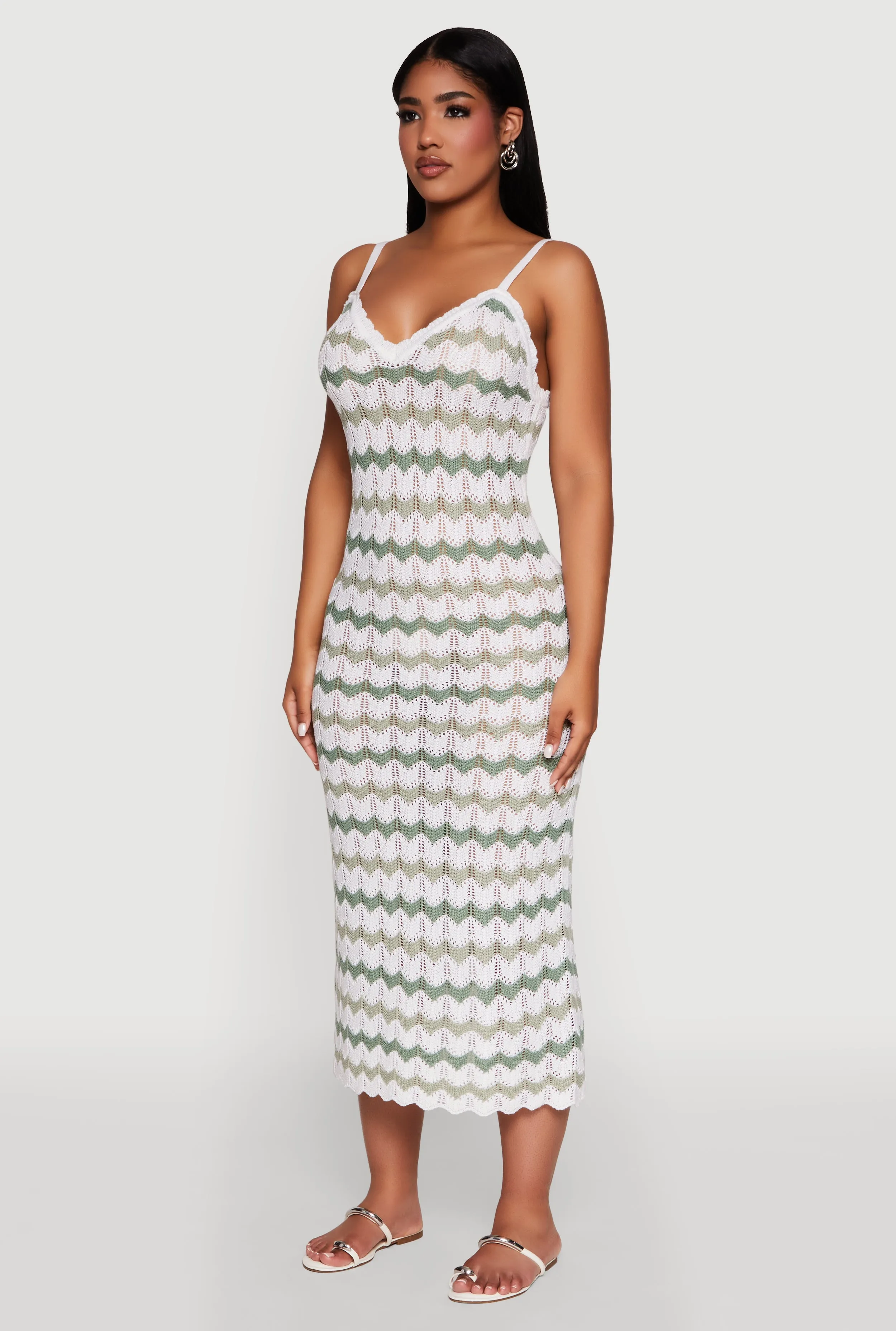 Madden Girl Wavy Striped V Neck Sleeveless Crochet Cami Dress Flattering Cut Stylish springtime wear