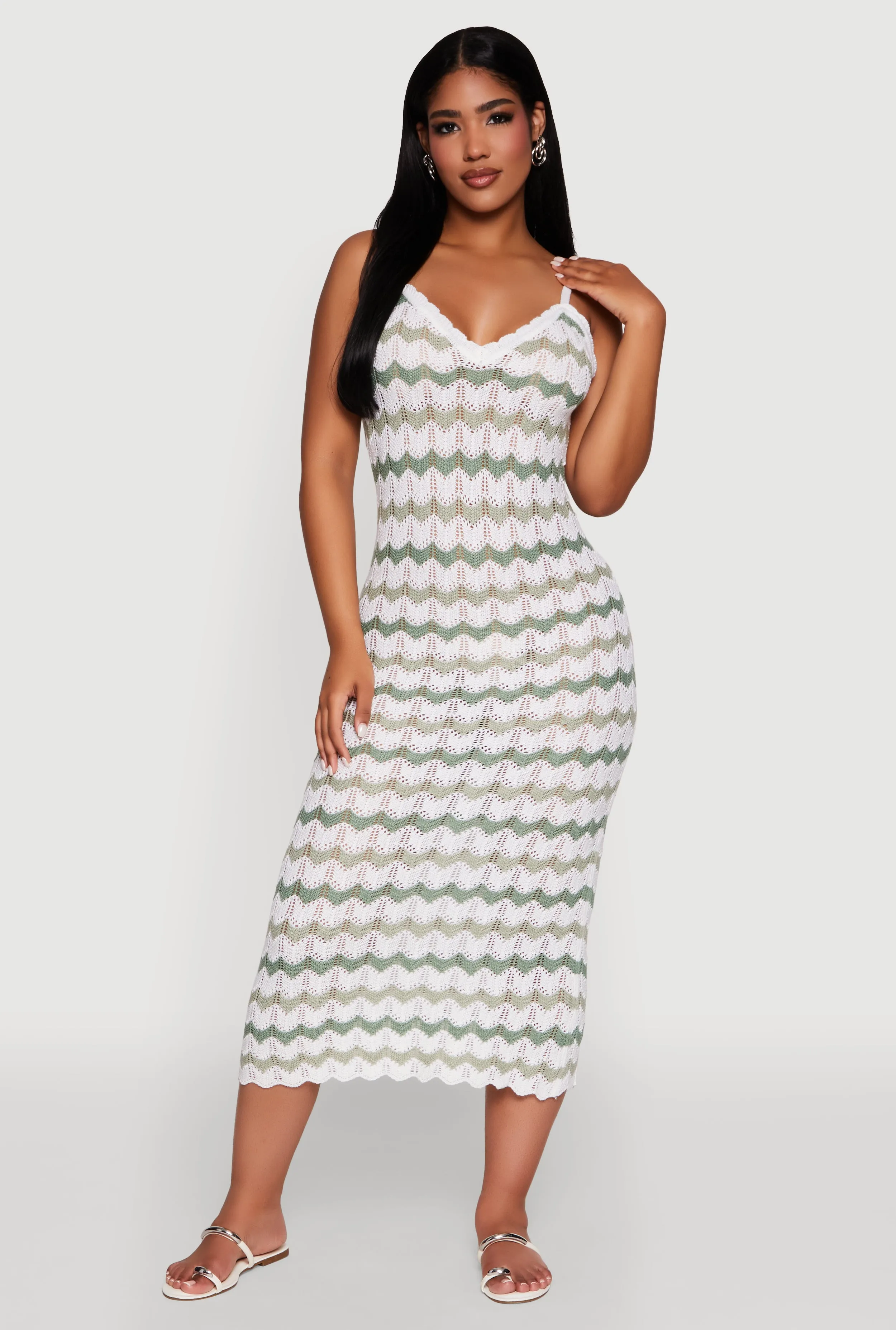 Trendy casual event dress Madden Girl Wavy Striped V Neck Sleeveless Crochet Cami Dress