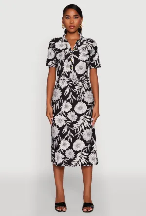 Floral Half Button Front Shirt Dress with Tie Waist Belt Ruby Shine Relaxed Design
