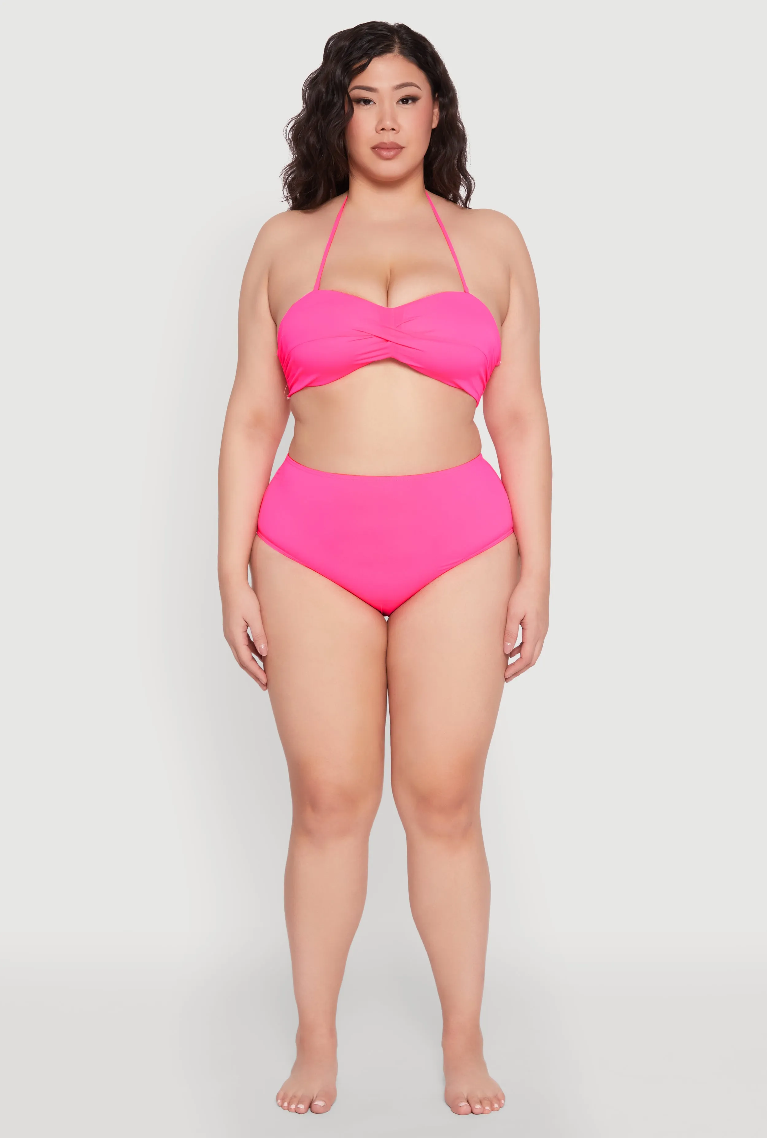 Anti Slip Waistband Versatile Layering Plus Size Twist Front Halter Bandeau Bikini Top