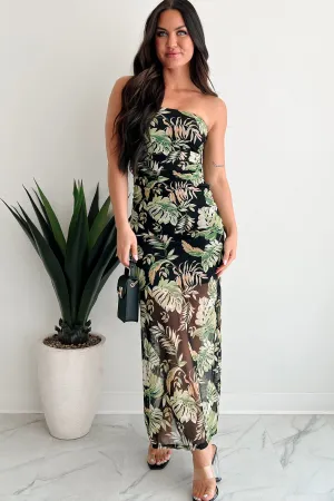 Metal Glow Platinum Glow Calm Clarity Strapless Leaf Print Maxi Dress (Black)