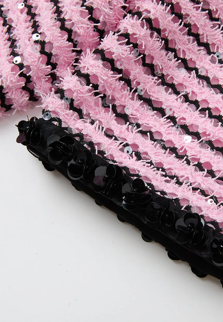 MultiPocket Design Convertible Style Frayed-detail Sequin-detail Stripped Jacket