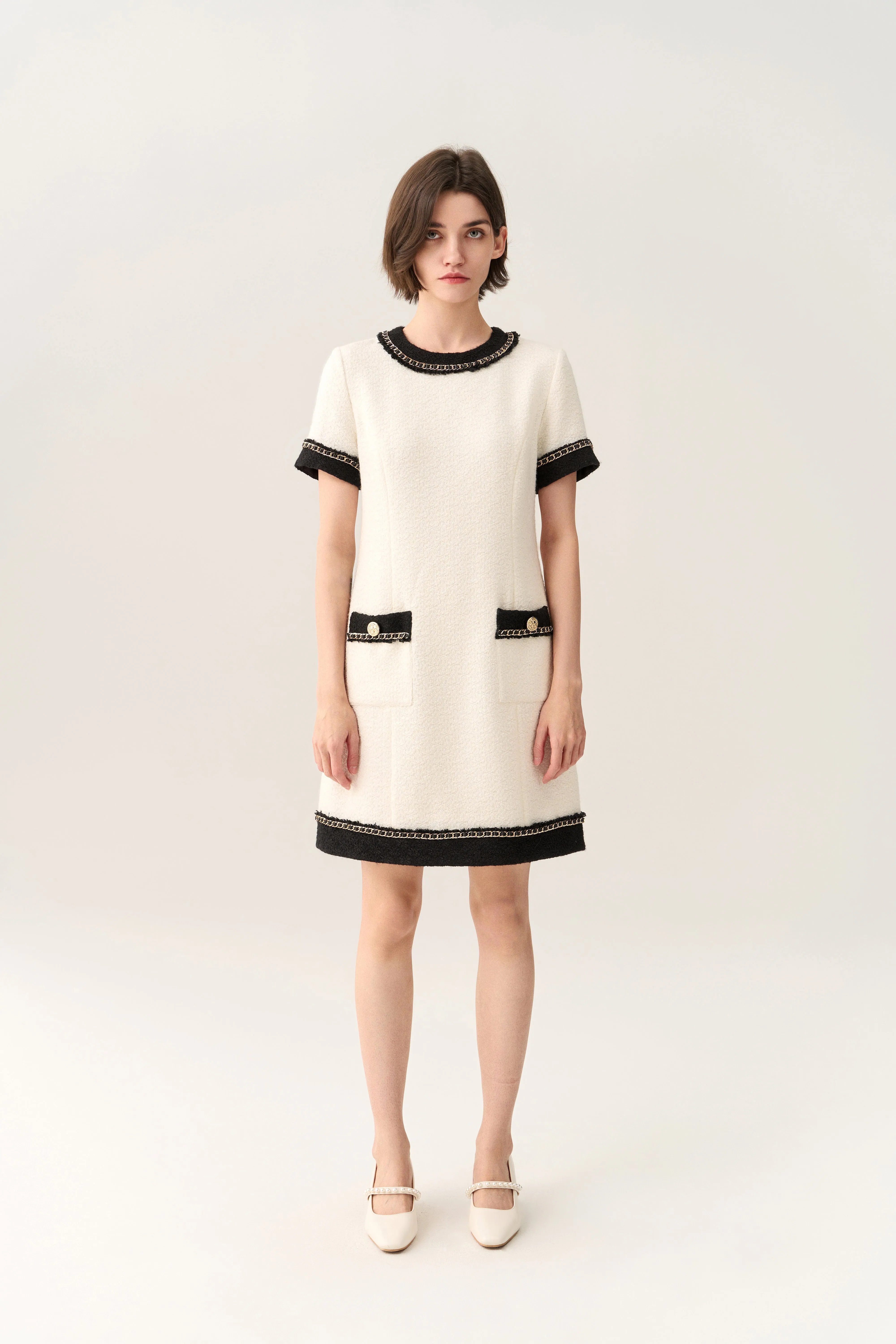 Classy Contrast Tweed Dress WrinkleResistant Finish HygroscopicFiber