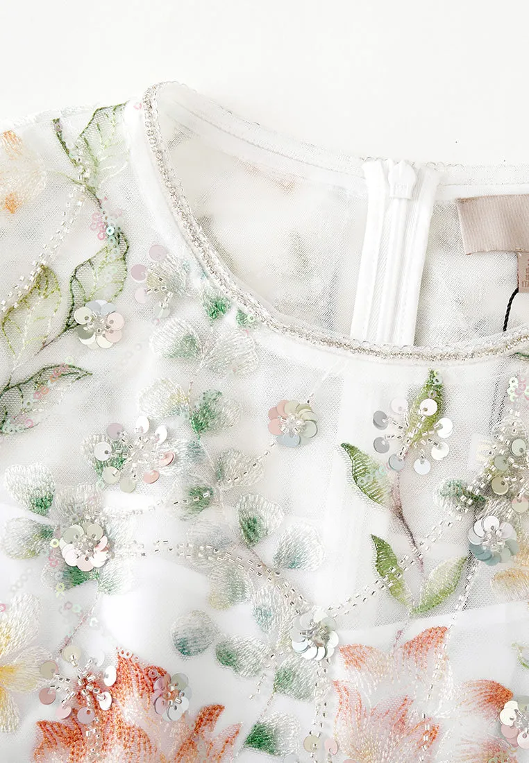 Floral Embroidery Embellished Mesh Dress Shape Hug