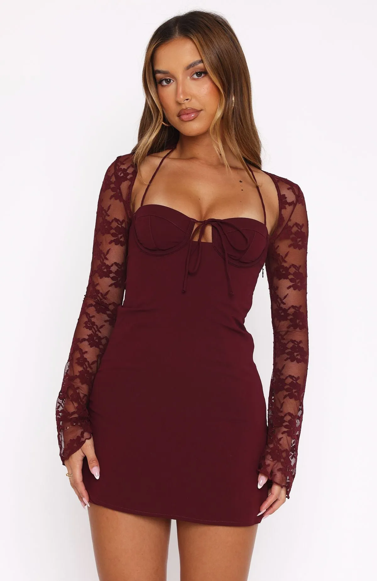 Ultraviolet Protection Antibacterial lining Won't Hide Long Sleeve Mini Dress Wine